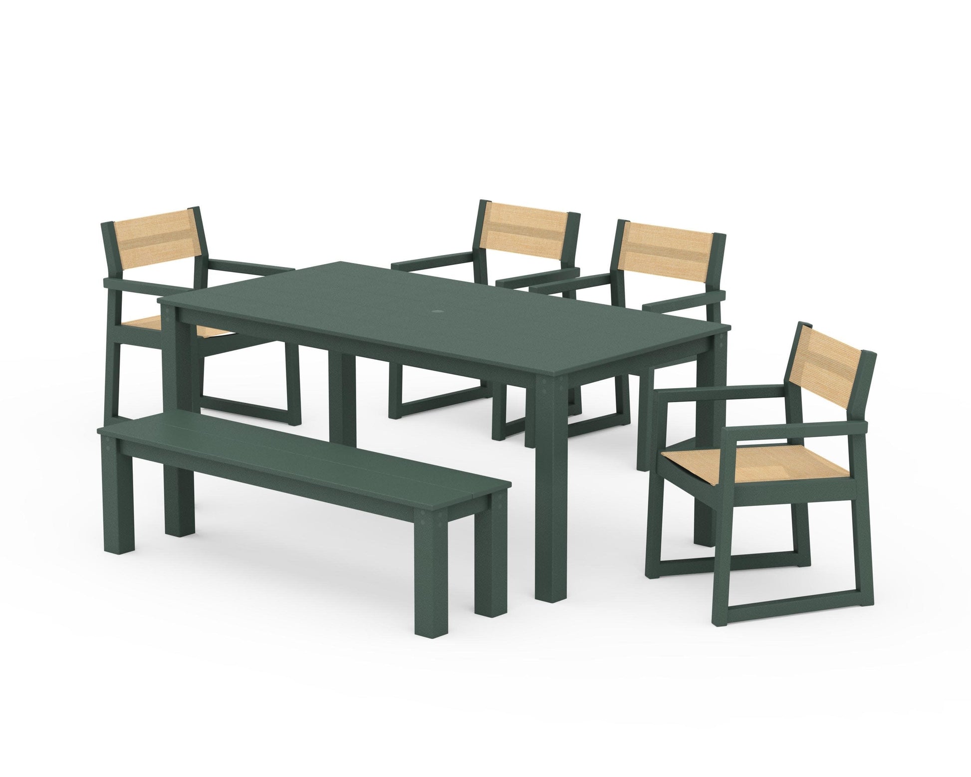 POLYWOOD EDGE Sling Arm Chair 6-Piece Parsons Dining Set with Bench — Green / Dupioni Apricot Sling