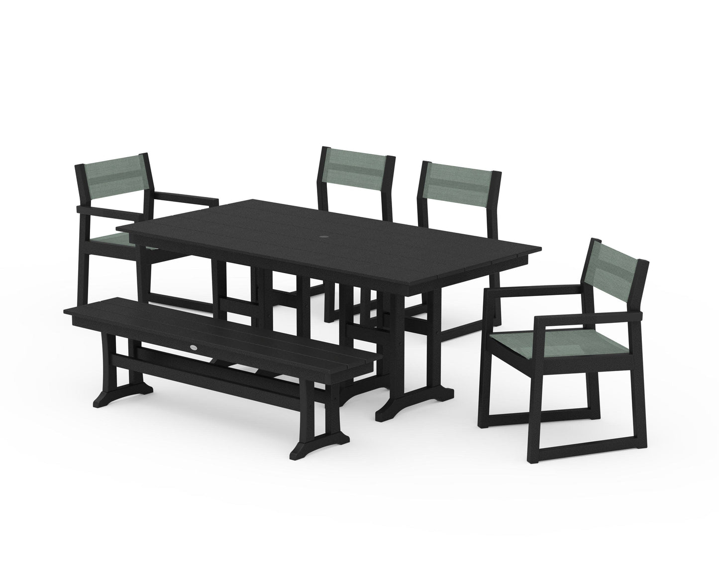 POLYWOOD EDGE Sling 6-Piece Farmhouse Dining Set — Black / Dupioni Sea Mist Sling