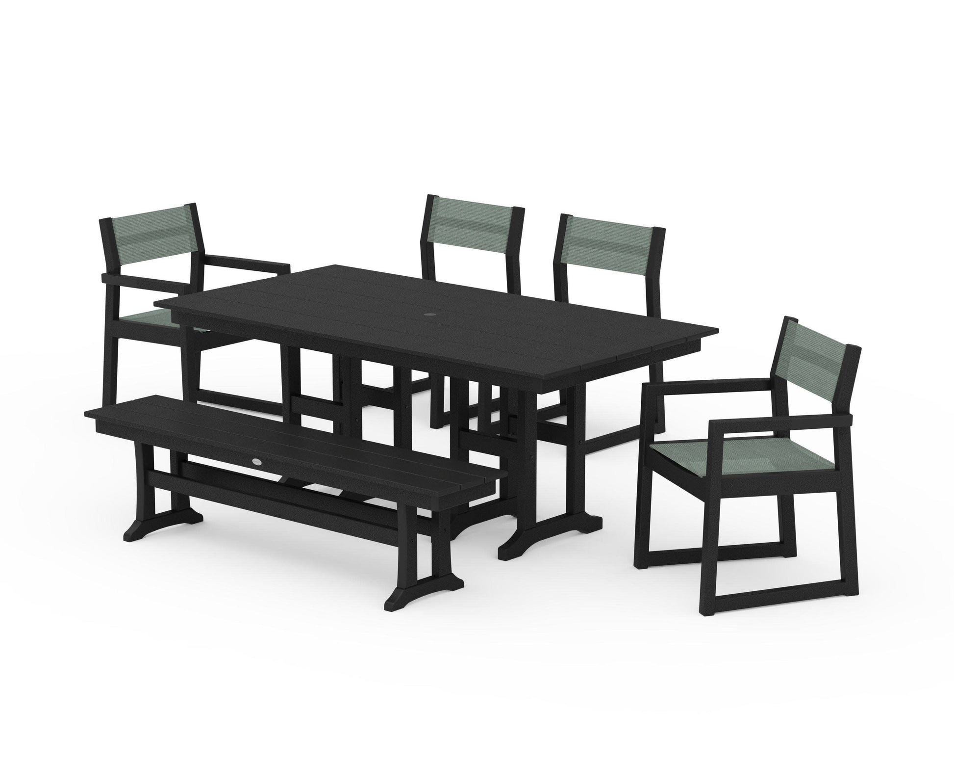 POLYWOOD EDGE Sling 6-Piece Farmhouse Dining Set — Black / Dupioni Sea Mist Sling