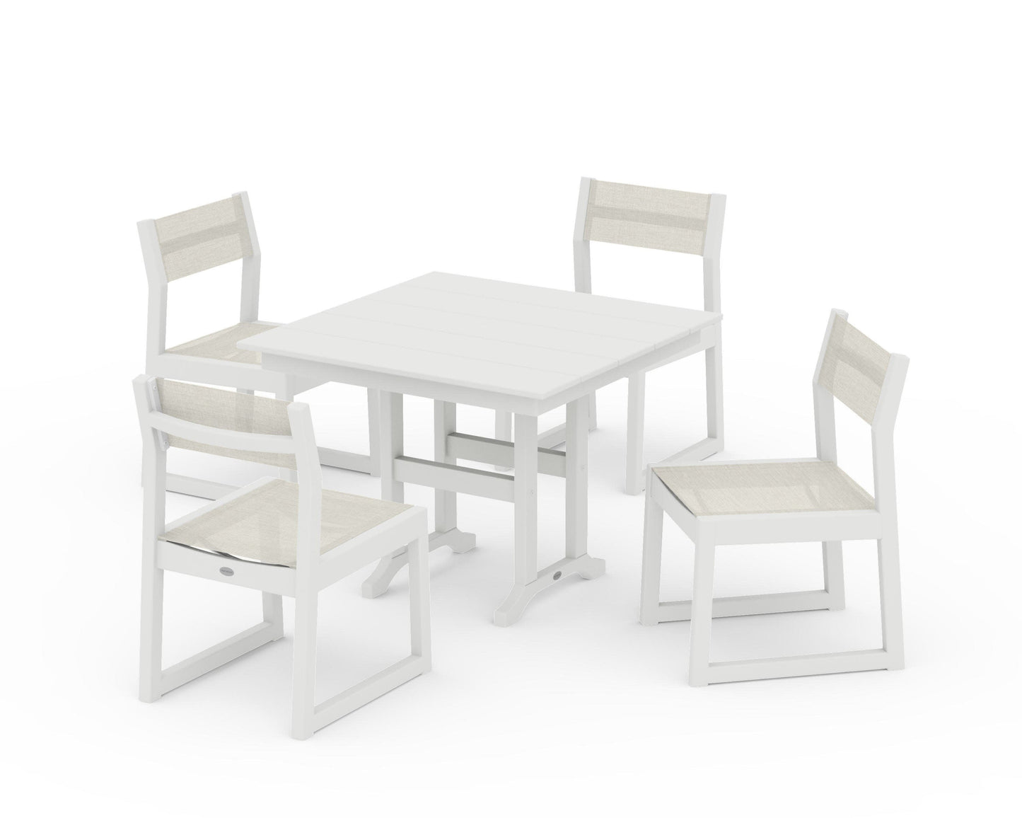 POLYWOOD EDGE Sling Side Chair 5-Piece Farmhouse Dining Set — Vintage White / Parchment Sling
