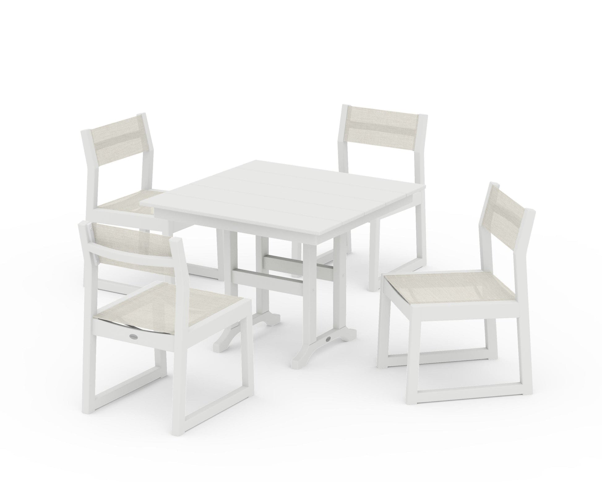 POLYWOOD EDGE Sling Side Chair 5-Piece Farmhouse Dining Set — Vintage White / Parchment Sling