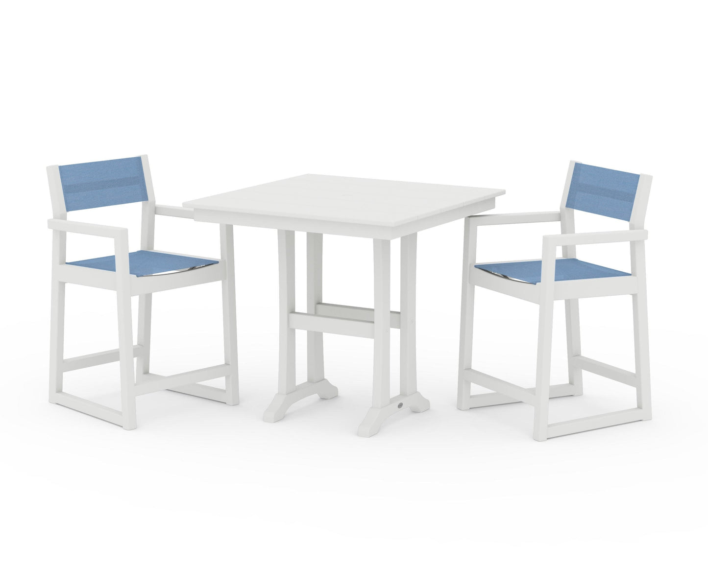 POLYWOOD EDGE Sling Arm Chair 3-Piece Farmhouse Counter Set with Trestle Legs — Vintage White / Poolside Sling