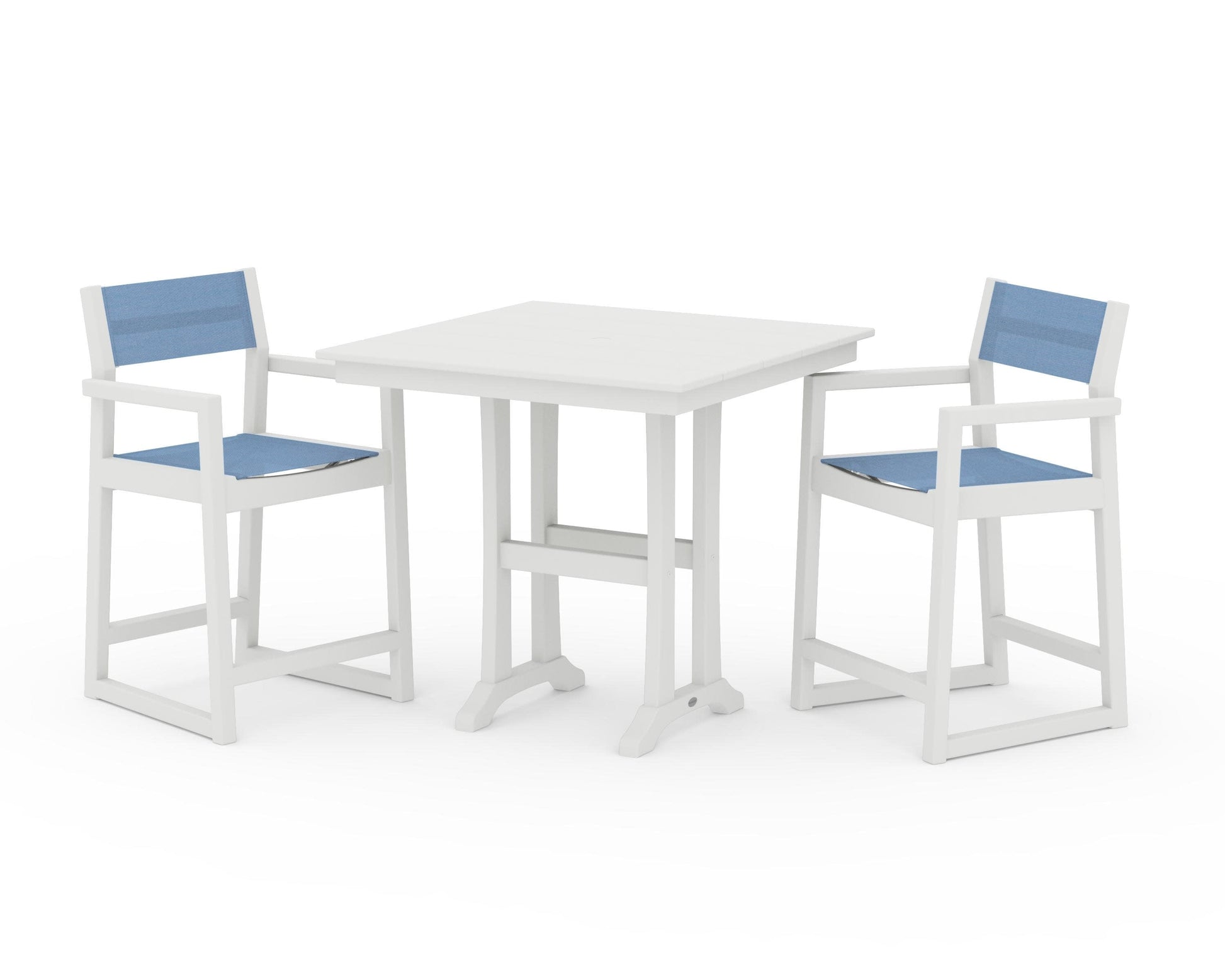 POLYWOOD EDGE Sling Arm Chair 3-Piece Farmhouse Counter Set with Trestle Legs — Vintage White / Poolside Sling