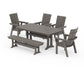 POLYWOOD Modern Curveback Adirondack 6-Piece Farmhouse Dining Set with Trestle Legs and Bench — Driftwood