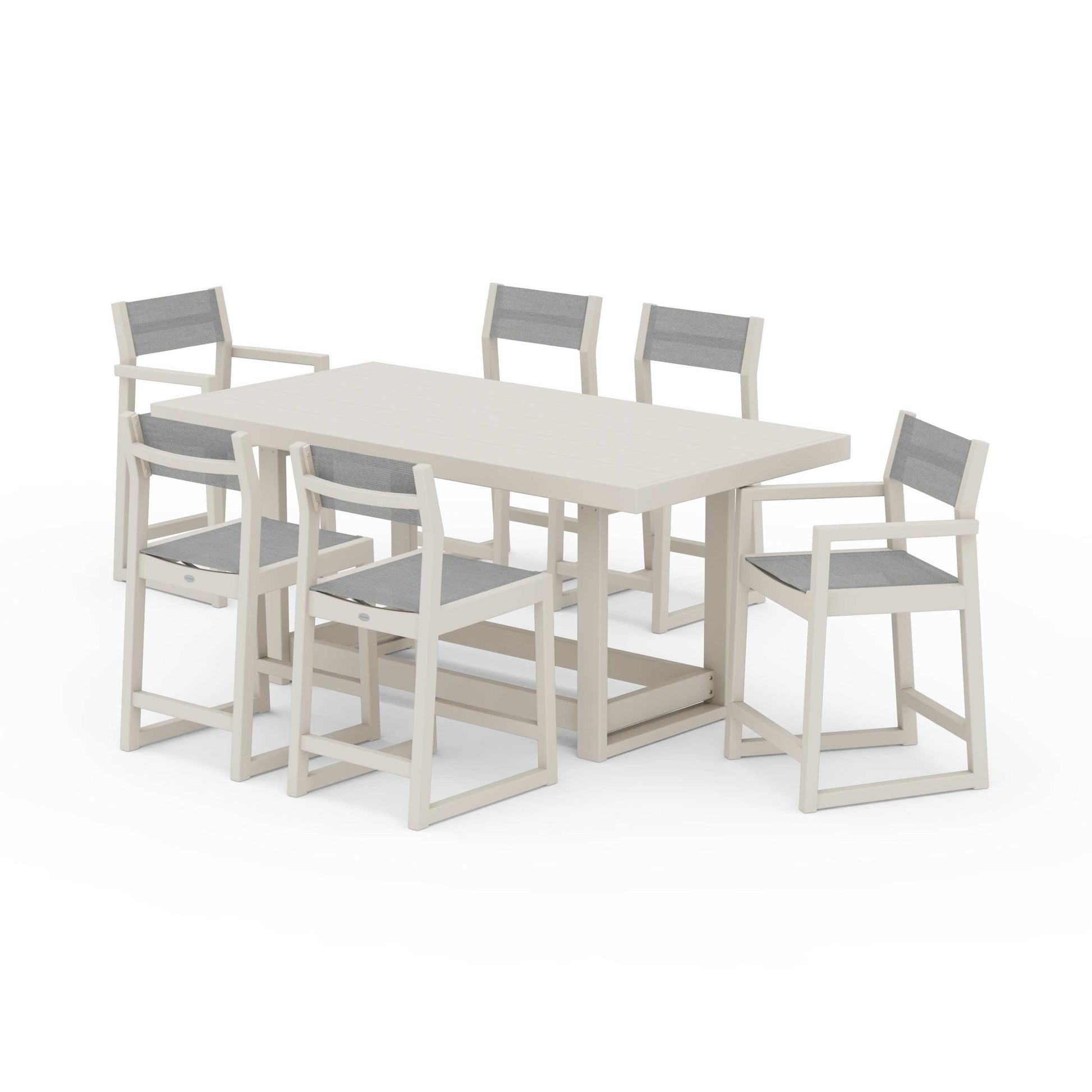 POLYWOOD EDGE Sling 7-Piece Counter Table Set — Sand / Metallic Sling