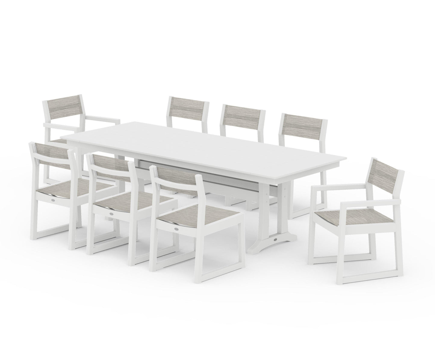 POLYWOOD EDGE Sling 9-Piece Farmhouse Trestle Dining Set — White / Birch Sling