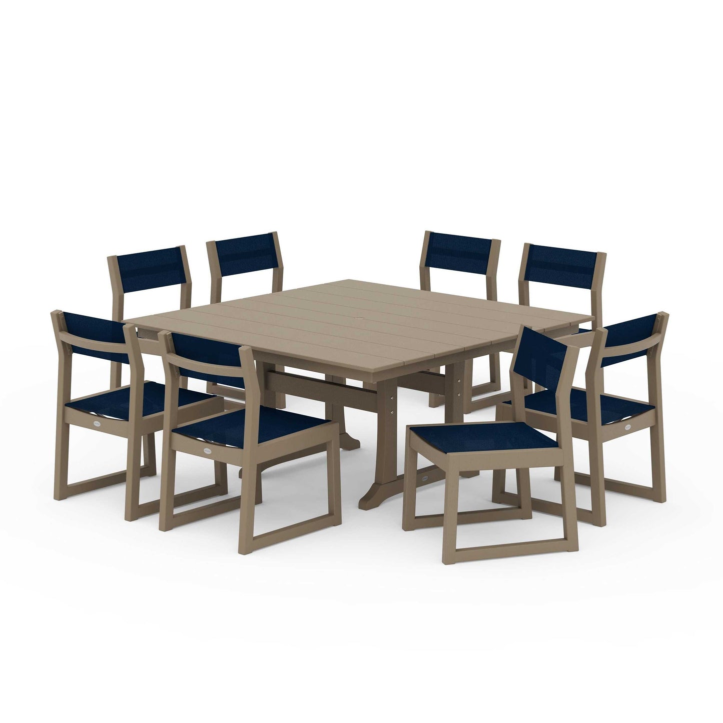 POLYWOOD EDGE Sling Side Chair 9-Piece Farmhouse Trestle Dining Set — Vintage Sahara / Navy Blue Sling