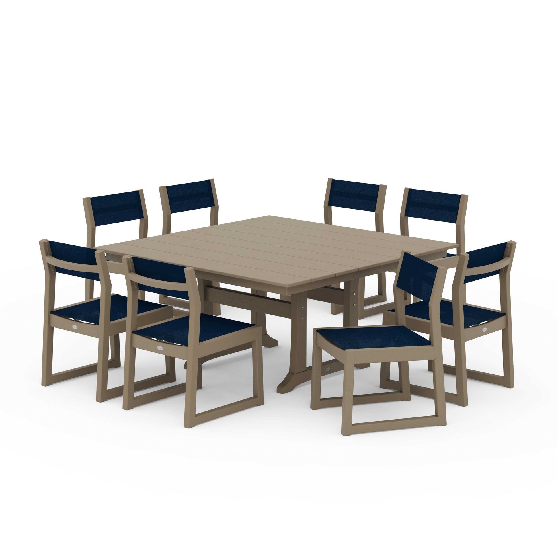 POLYWOOD EDGE Sling Side Chair 9-Piece Farmhouse Trestle Dining Set — Vintage Sahara / Navy Blue Sling