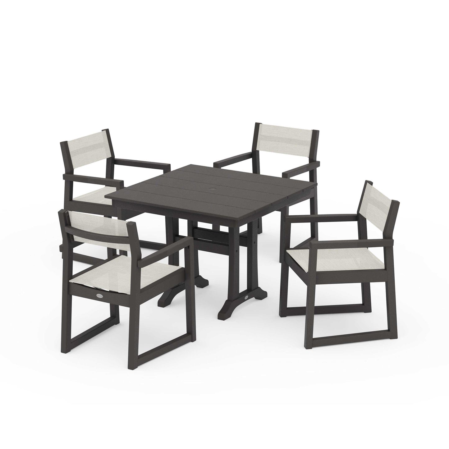 POLYWOOD EDGE Sling 5-Piece Farmhouse Dining Set with Trestle Legs — Vintage Coffee / Parchment Sling