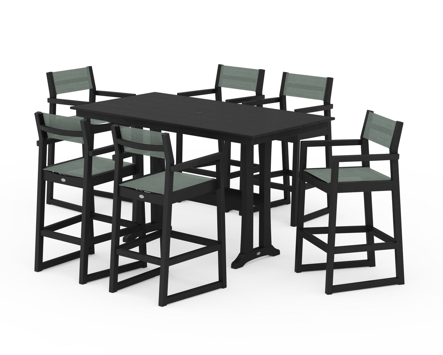 POLYWOOD EDGE Sling Arm Chair 7-Piece Farmhouse Bar Set with Trestle Legs — Black / Dupioni Sea Mist Sling
