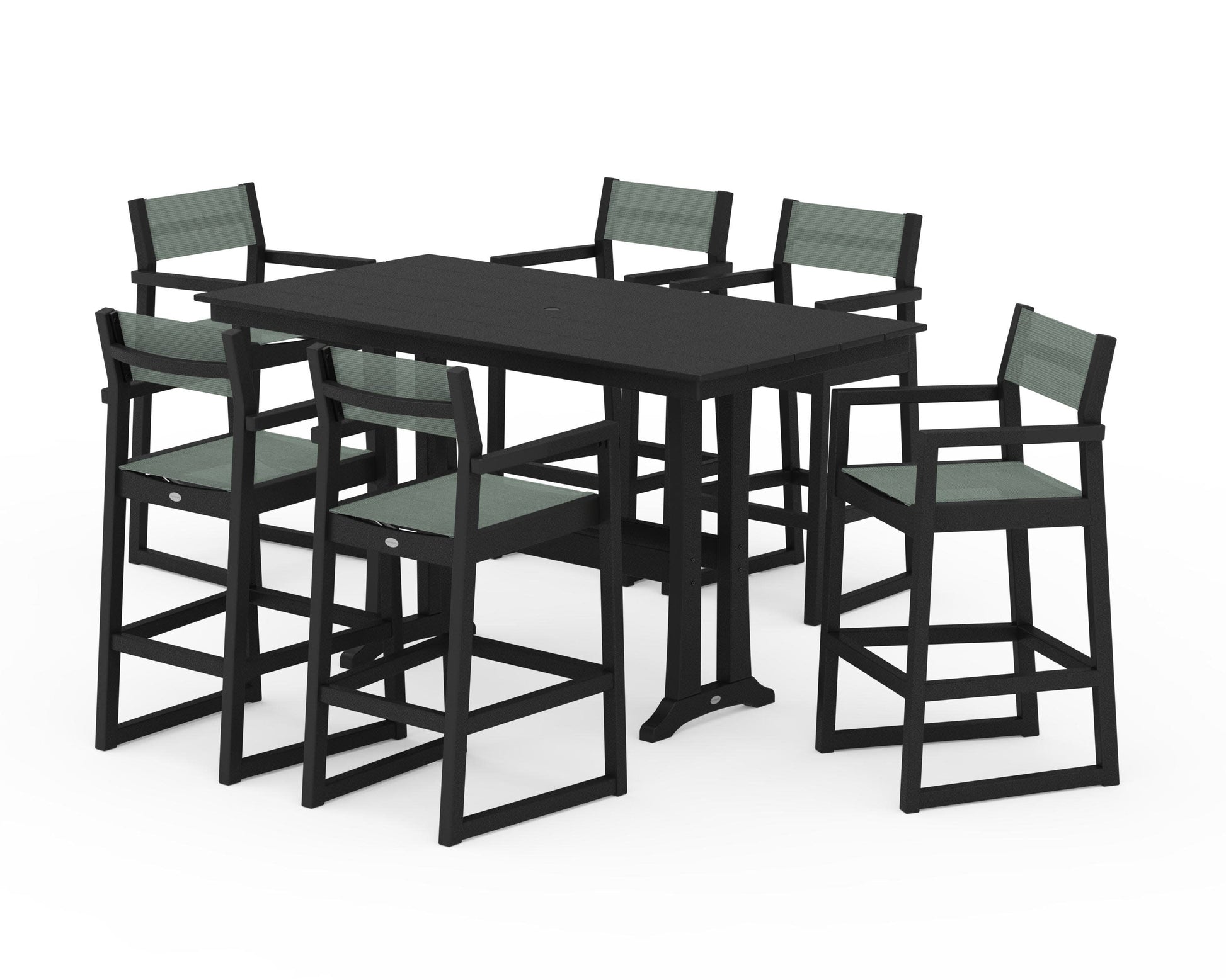 POLYWOOD EDGE Sling Arm Chair 7-Piece Farmhouse Bar Set with Trestle Legs — Black / Dupioni Sea Mist Sling