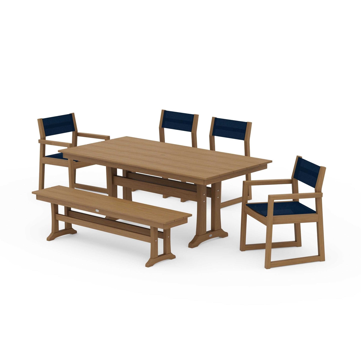 POLYWOOD EDGE Sling 6-Piece Farmhouse Dining Set With Trestle Legs — Natural / Navy Blue Sling