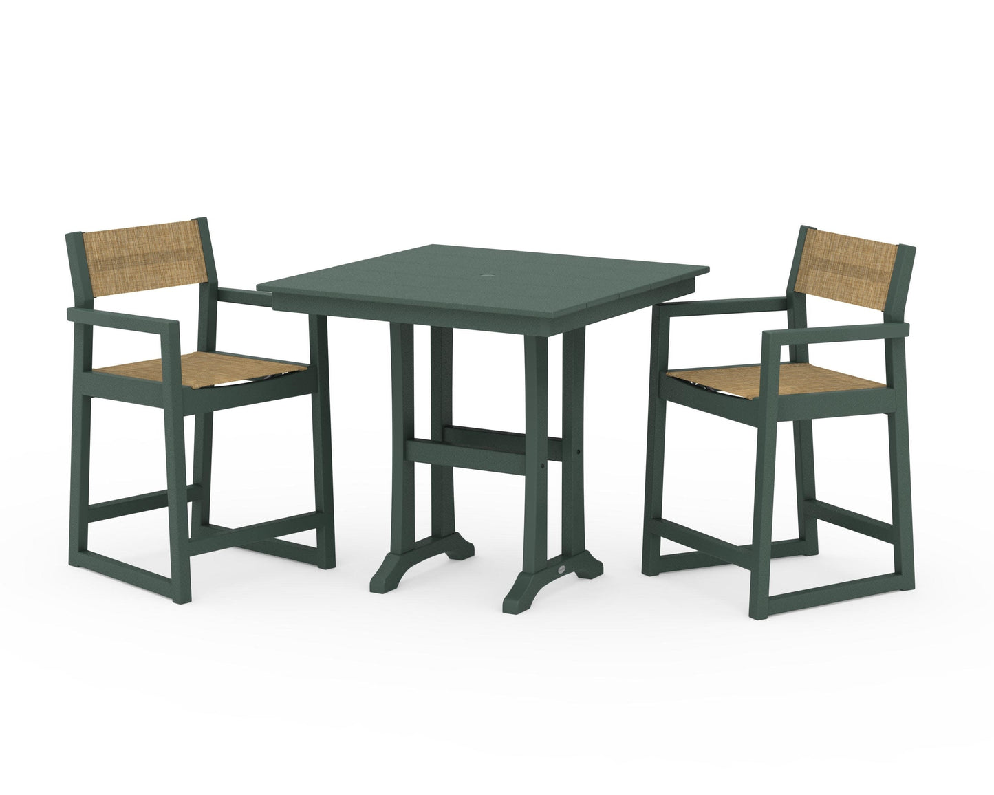POLYWOOD EDGE Sling Arm Chair 3-Piece Farmhouse Counter Set with Trestle Legs — Green / Burlap Sling