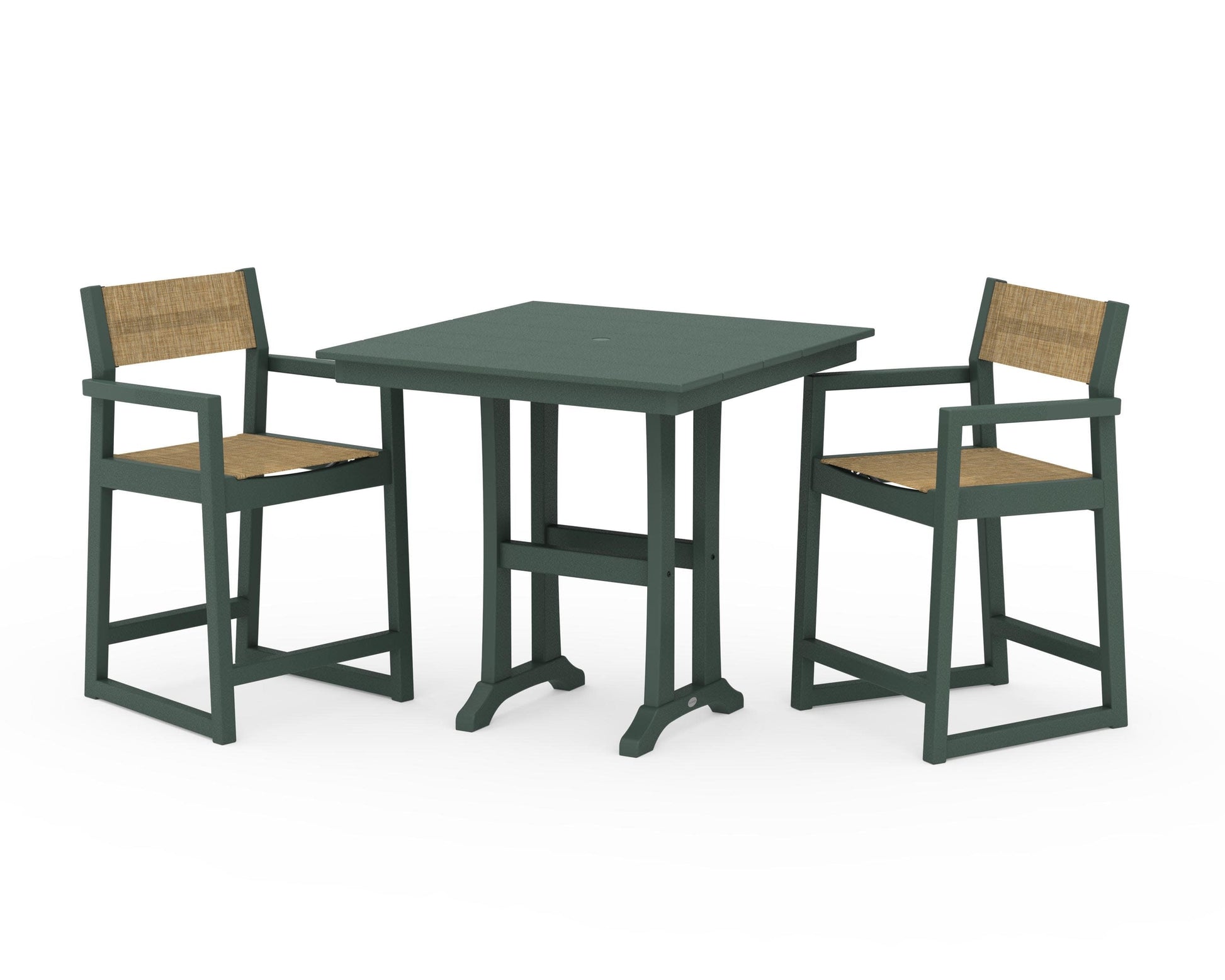 POLYWOOD EDGE Sling Arm Chair 3-Piece Farmhouse Counter Set with Trestle Legs — Green / Burlap Sling