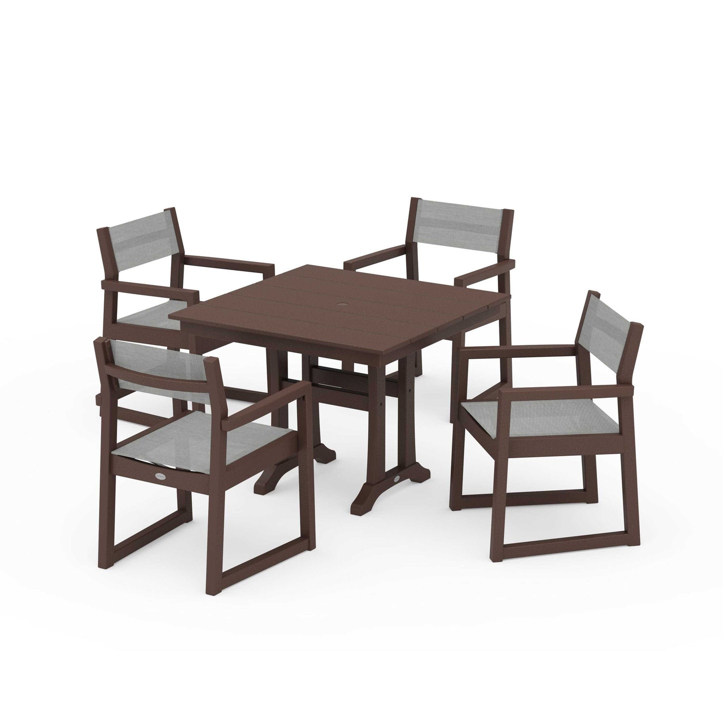 POLYWOOD EDGE Sling 5-Piece Farmhouse Dining Set with Trestle Legs — Mahogany / Metallic Sling