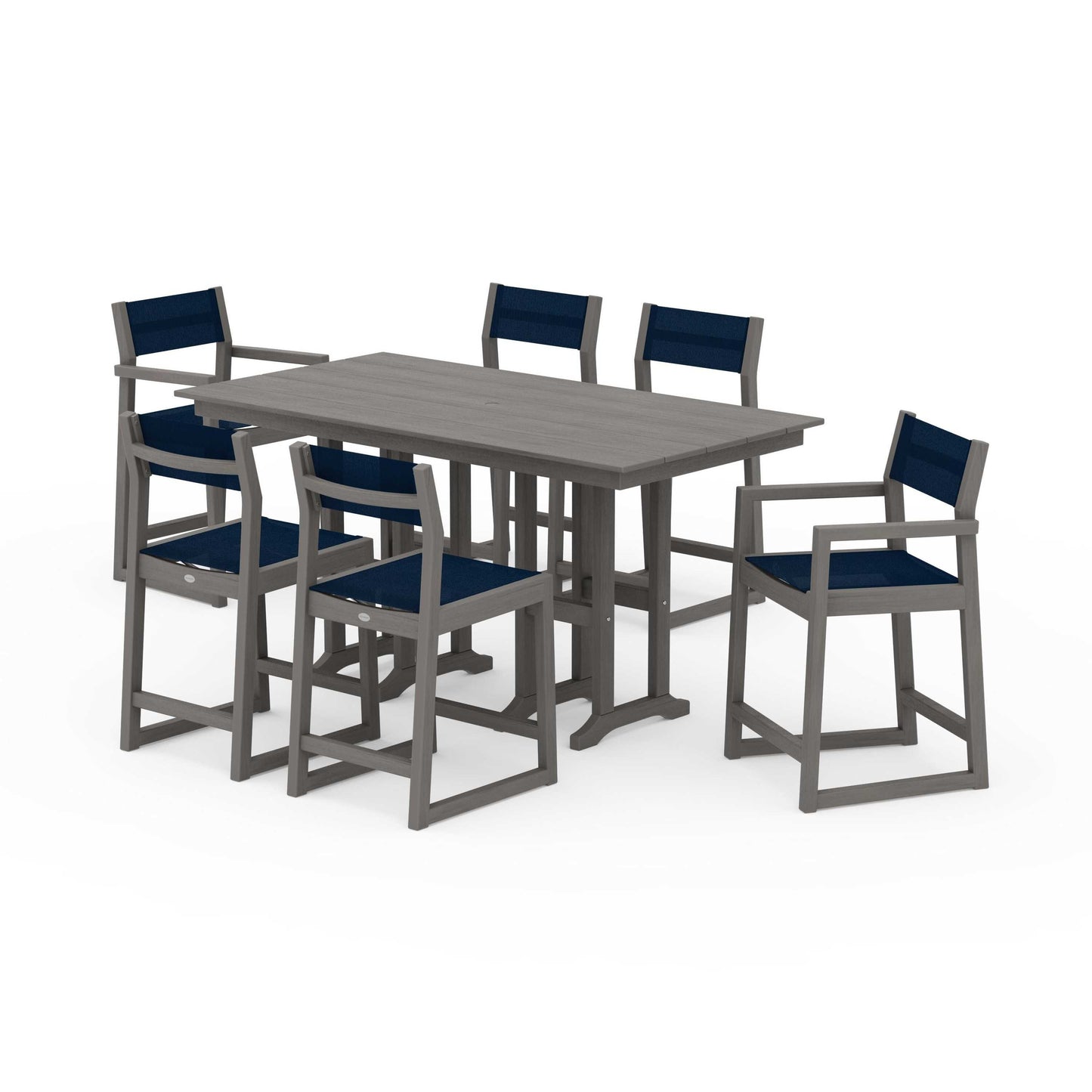 POLYWOOD EDGE Sling 7-Piece Farmhouse Counter Set with Trestle Legs — Driftwood / Navy Blue Sling
