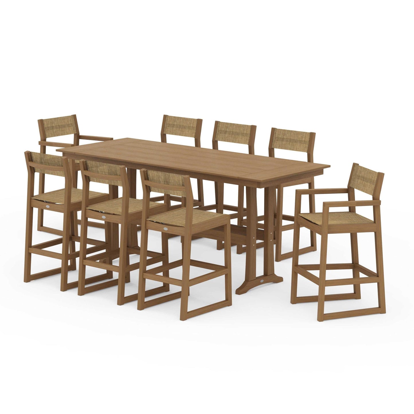 POLYWOOD EDGE Sling 9-Piece Farmhouse Bar Set with Trestle Legs — Natural / Burlap Sling