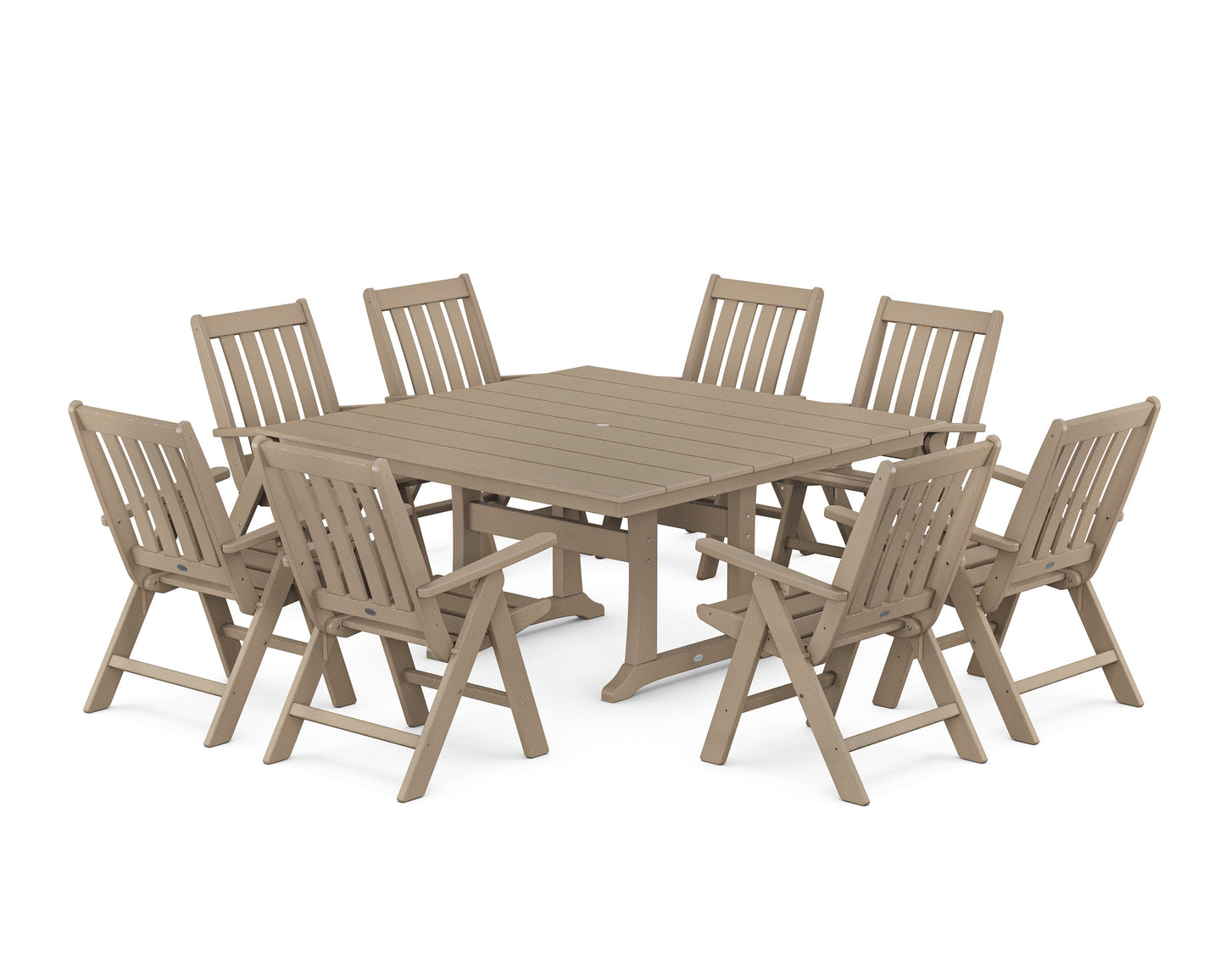 POLYWOOD Vineyard Folding Chair 9-Piece Square Farmhouse Dining Set with Trestle Legs — Vintage Sahara