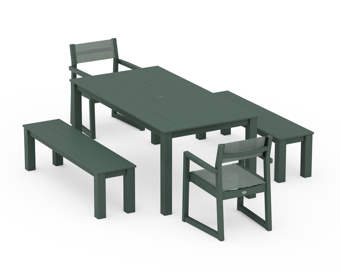 POLYWOOD EDGE Sling Arm Chair 5-Piece Parsons Dining Set with Benches — Green / Dupioni Sea Mist Sling