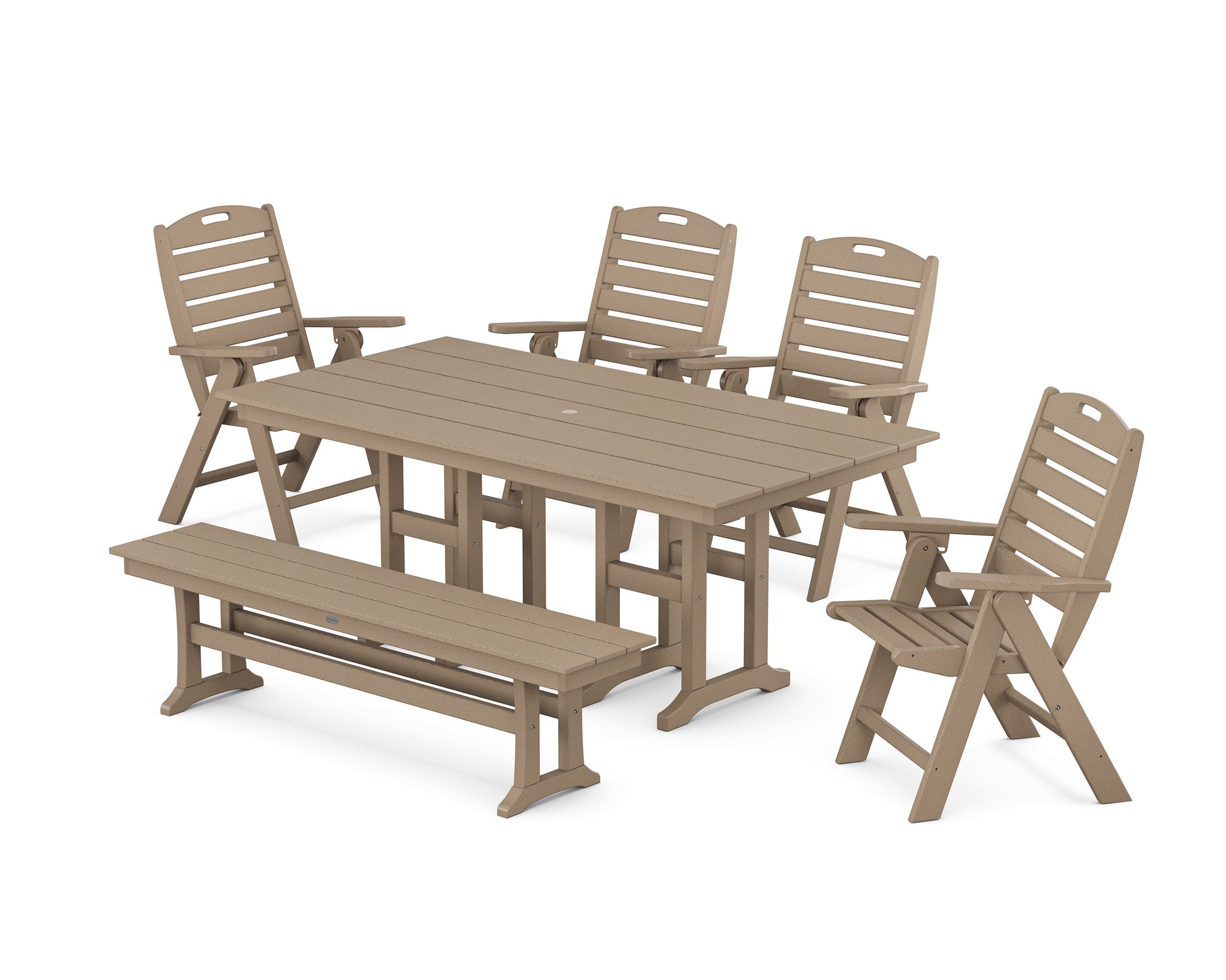 POLYWOOD Nautical Highback 6-Piece Farmhouse Dining Set with Bench — Vintage Sahara