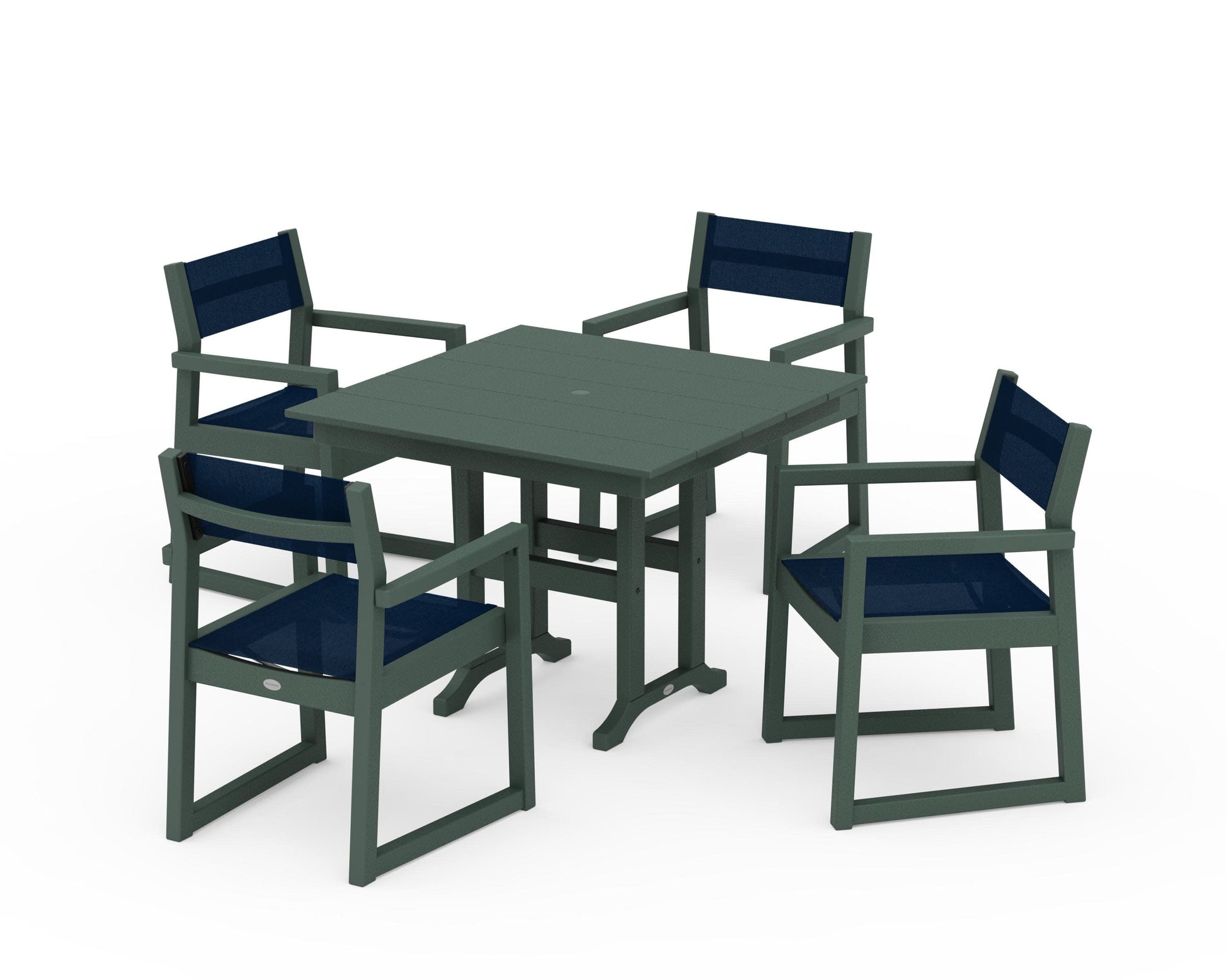 POLYWOOD EDGE Sling Arm Chair 5-Piece Farmhouse Dining Set — Green / Navy Blue Sling