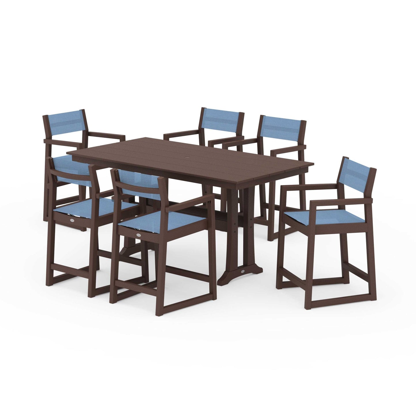 POLYWOOD EDGE Sling Arm Chair 7-Piece Farmhouse Counter Set with Trestle Legs — Mahogany / Poolside Sling