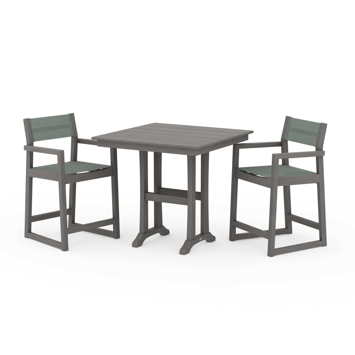 POLYWOOD EDGE Sling Arm Chair 3-Piece Farmhouse Counter Set with Trestle Legs — Driftwood / Dupioni Sea Mist Sling