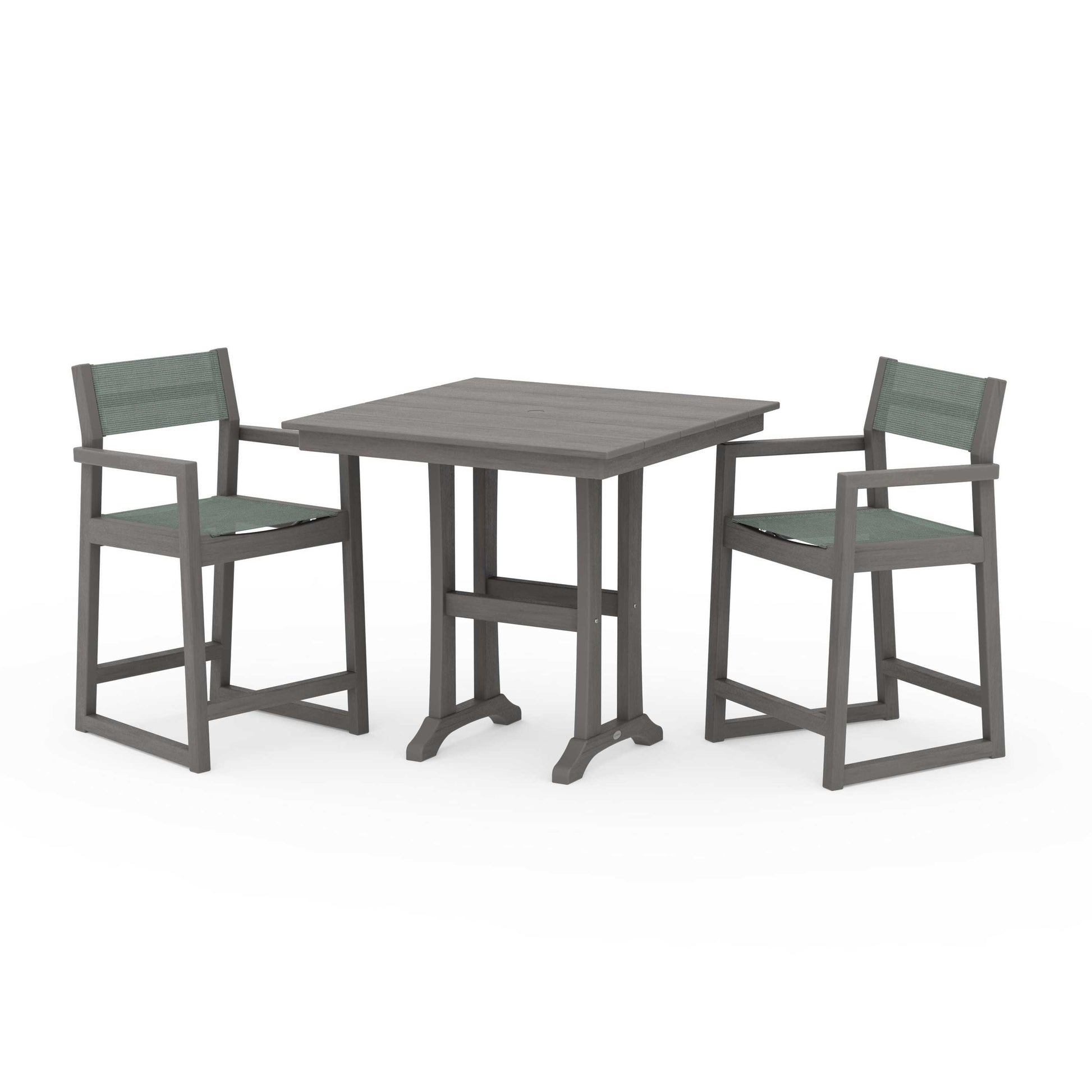 POLYWOOD EDGE Sling Arm Chair 3-Piece Farmhouse Counter Set with Trestle Legs — Driftwood / Dupioni Sea Mist Sling