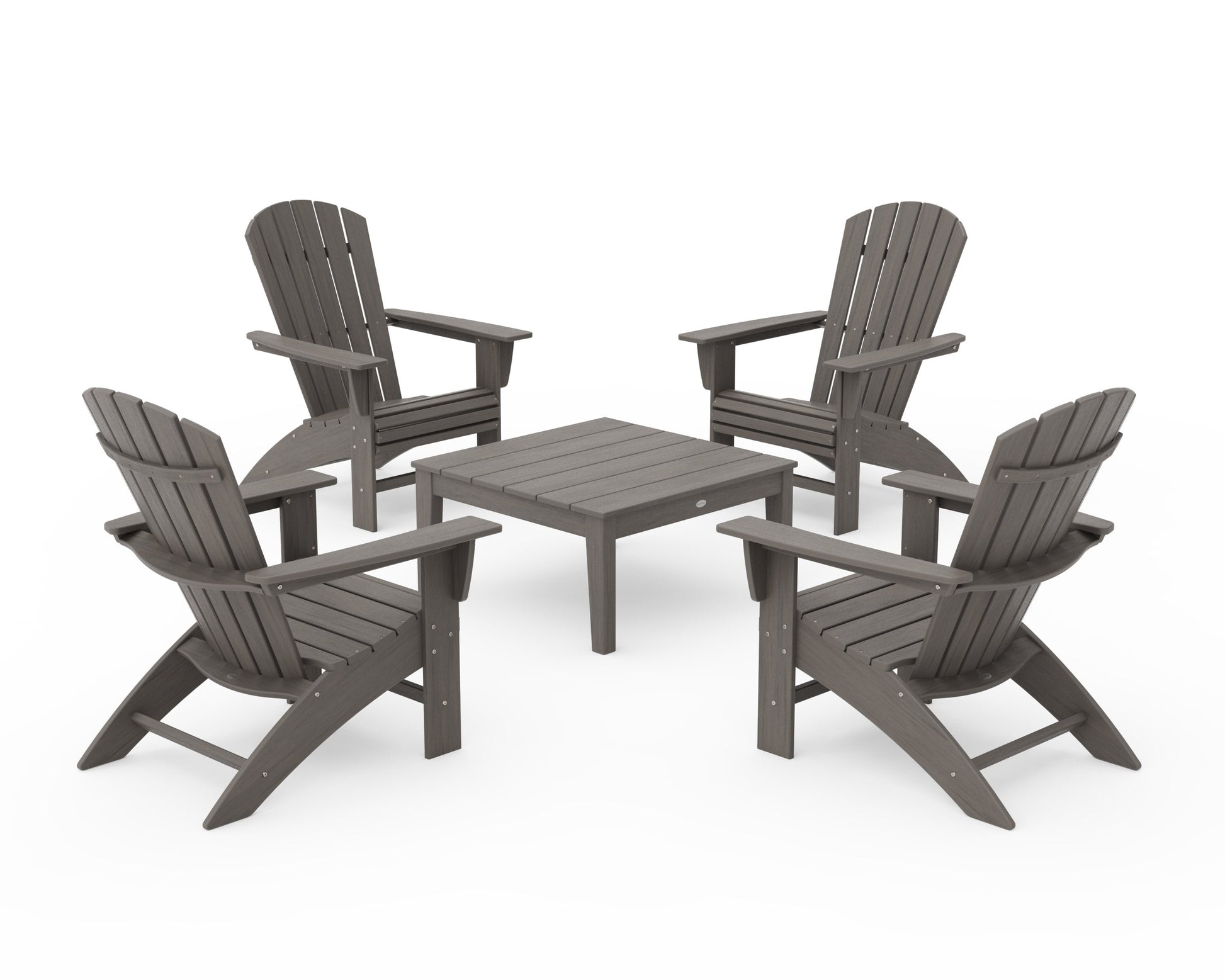POLYWOOD 5-Piece Nautical Curveback Adirondack Chair Conversation Set with 36" Conversation Table — Driftwood