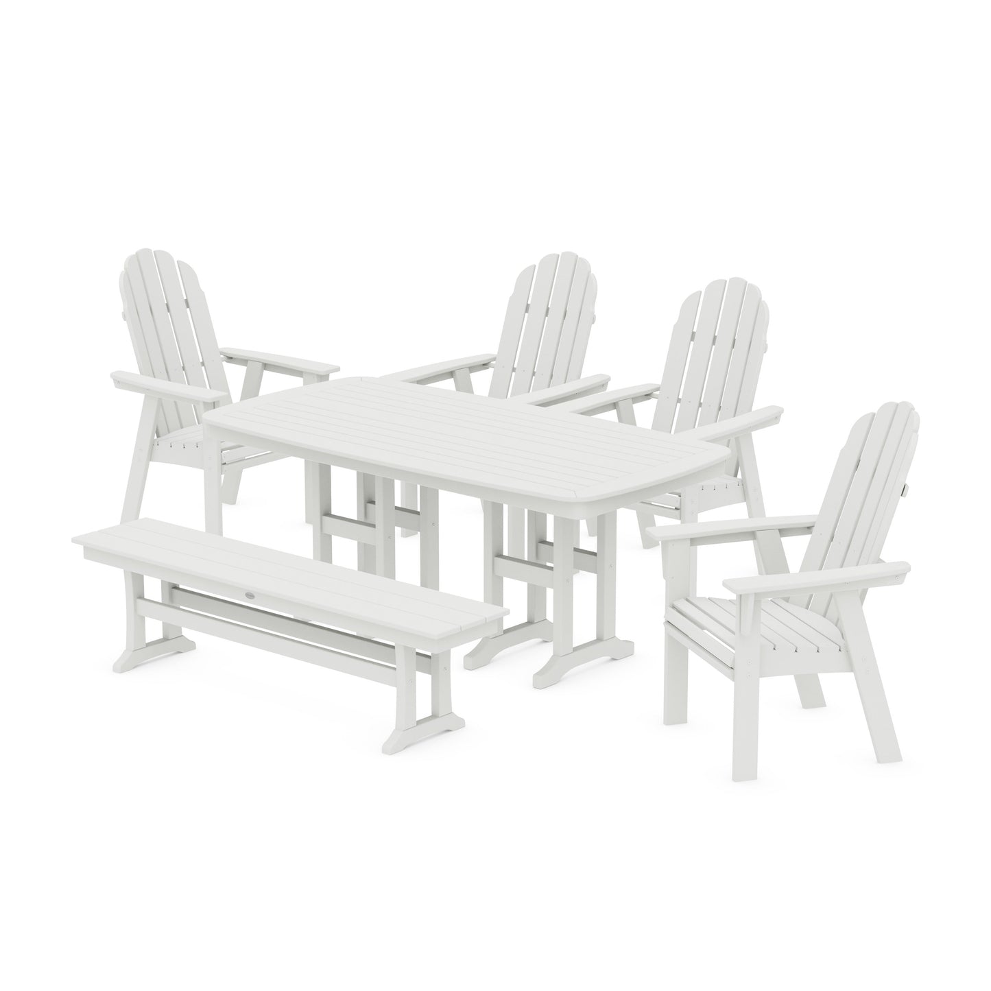 POLYWOOD Vineyard Curveback Adirondack Chair 6-Piece Dining Set with Bench — Vintage White
