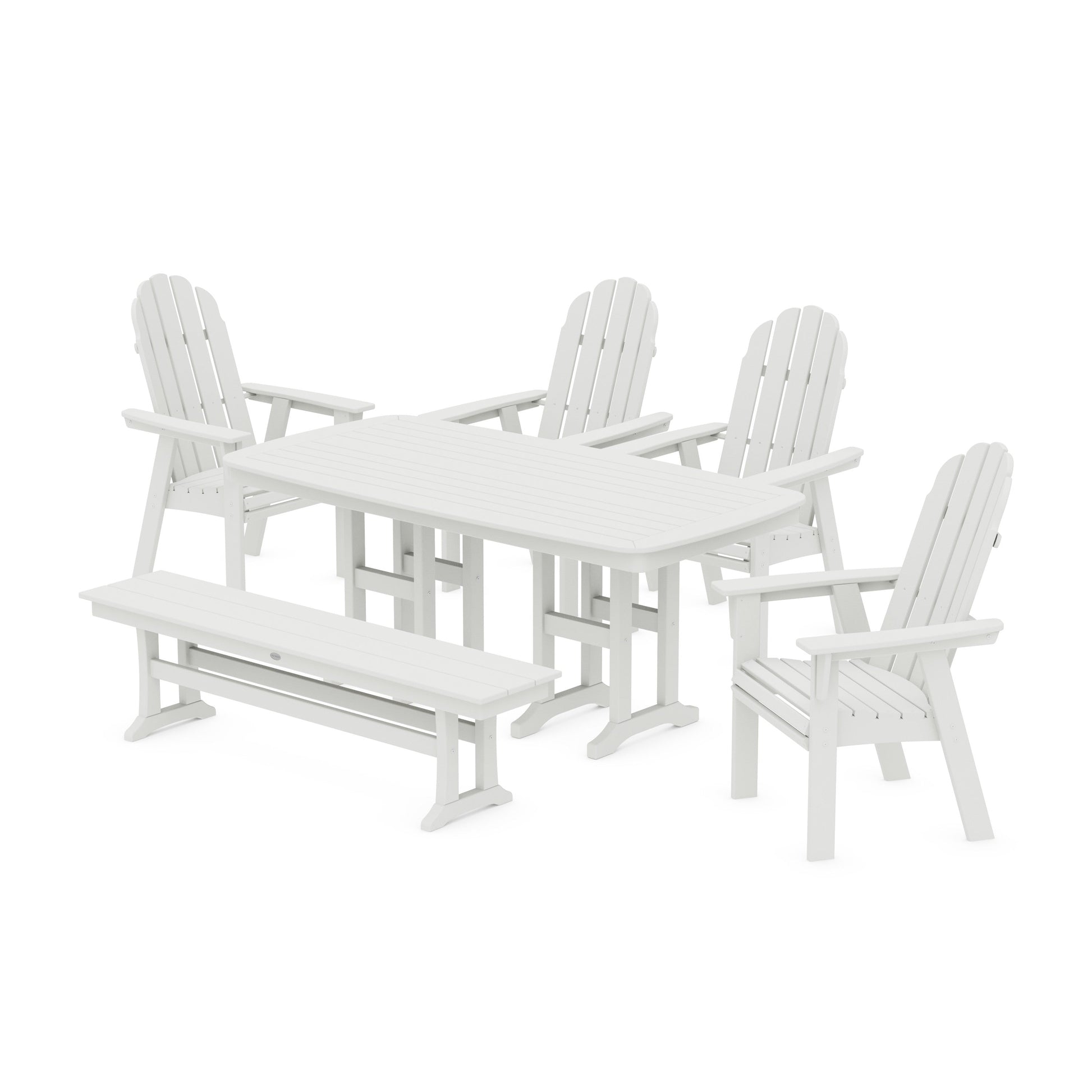 POLYWOOD Vineyard Curveback Adirondack Chair 6-Piece Dining Set with Bench — Vintage White