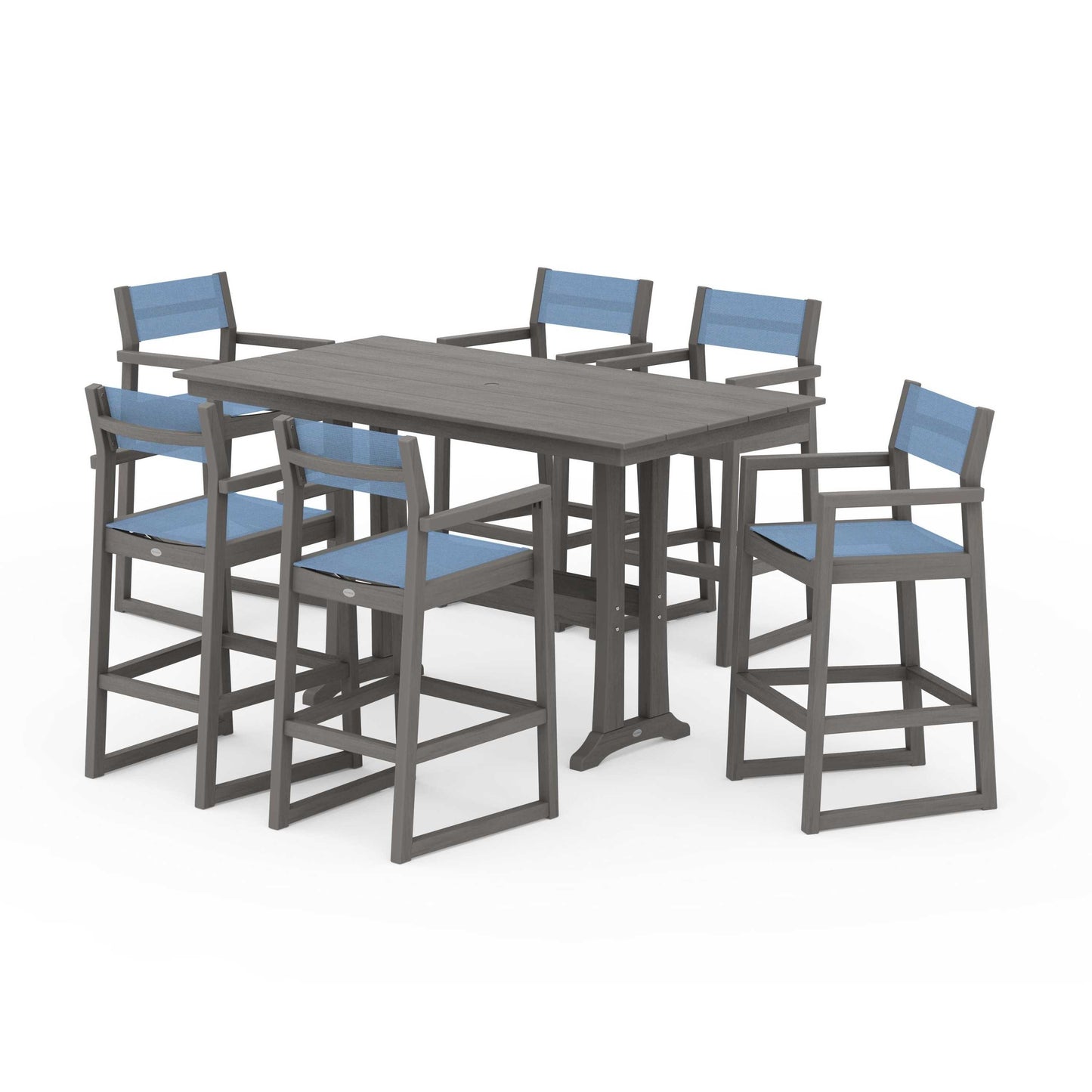 POLYWOOD EDGE Sling Arm Chair 7-Piece Farmhouse Bar Set with Trestle Legs — Driftwood / Poolside Sling