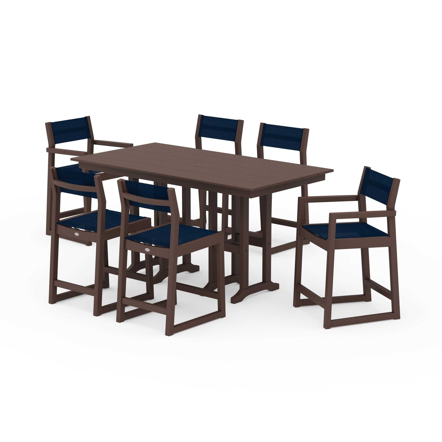 POLYWOOD EDGE Sling 7-Piece Farmhouse Counter Set with Trestle Legs — Mahogany / Navy Blue Sling