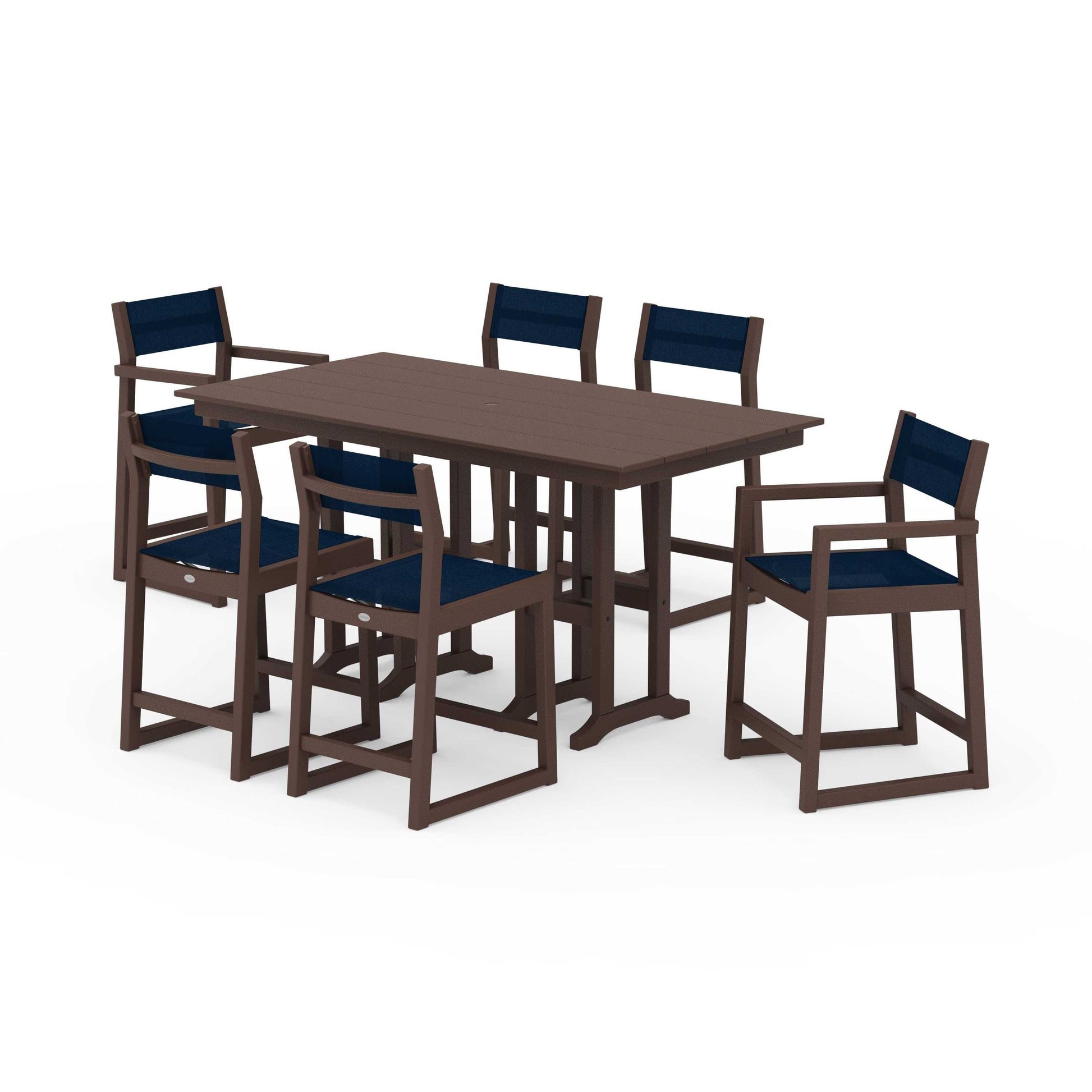 POLYWOOD EDGE Sling 7-Piece Farmhouse Counter Set with Trestle Legs — Mahogany / Navy Blue Sling
