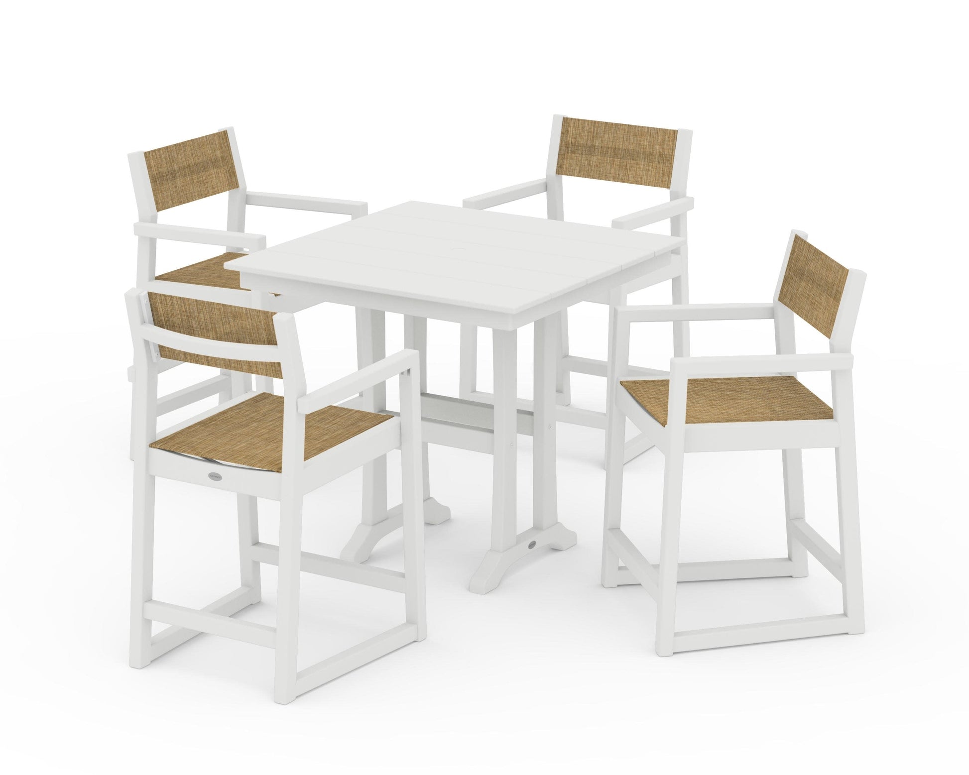 POLYWOOD EDGE Sling Arm Chair 5-Piece Farmhouse Counter Set with Trestle Legs — Vintage White / Burlap Sling