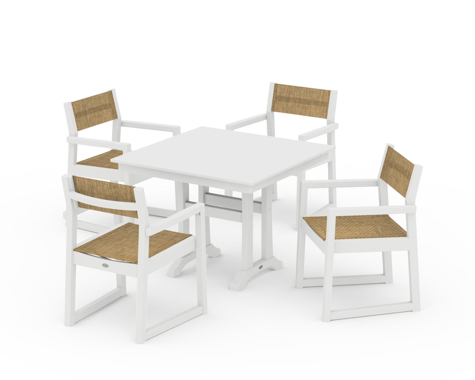 POLYWOOD EDGE Sling 5-Piece Farmhouse Dining Set with Trestle Legs — White / Burlap Sling