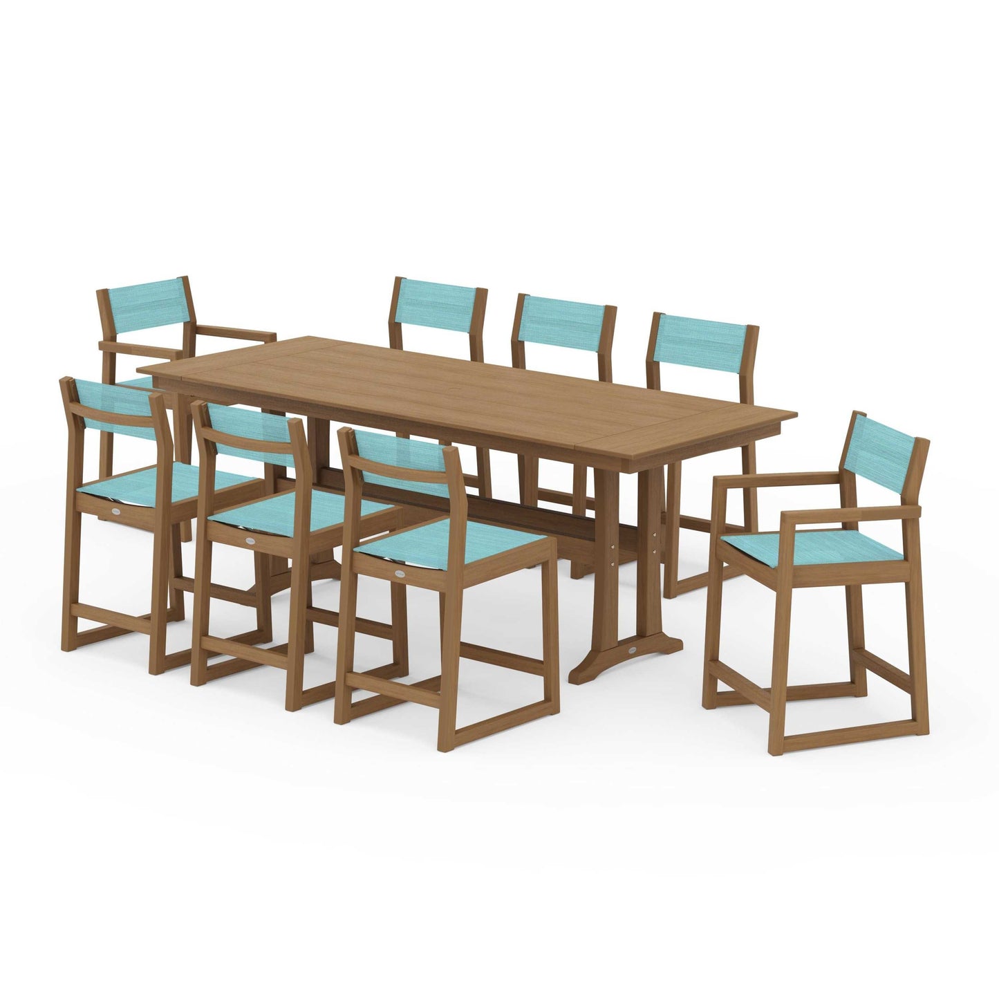 POLYWOOD EDGE Sling 9-Piece Farmhouse Counter Set with Trestle Legs — Natural / Dupioni Aquamarine Sling