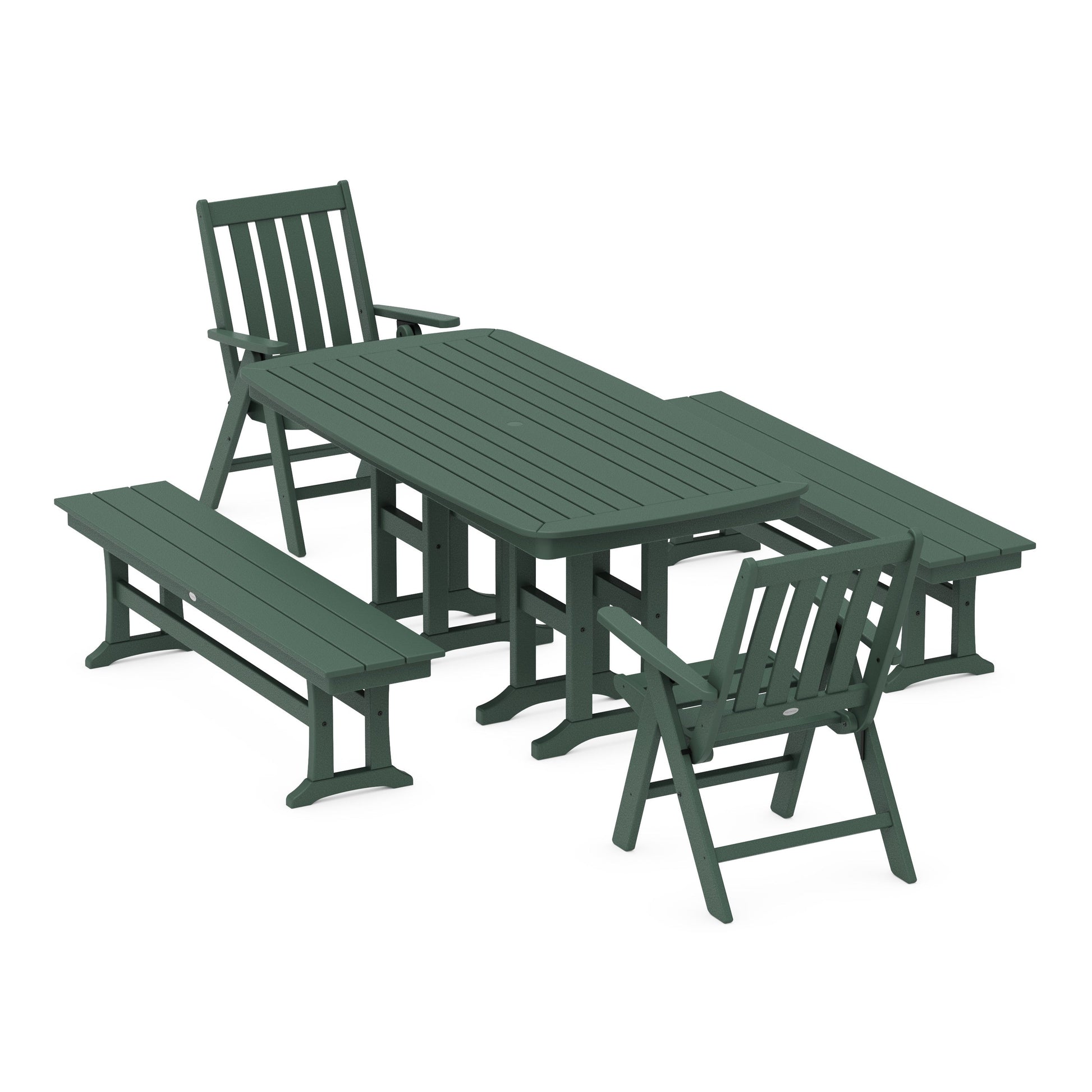 POLYWOOD Vineyard Folding Chair 6-Piece Dining Set with Benches — Green