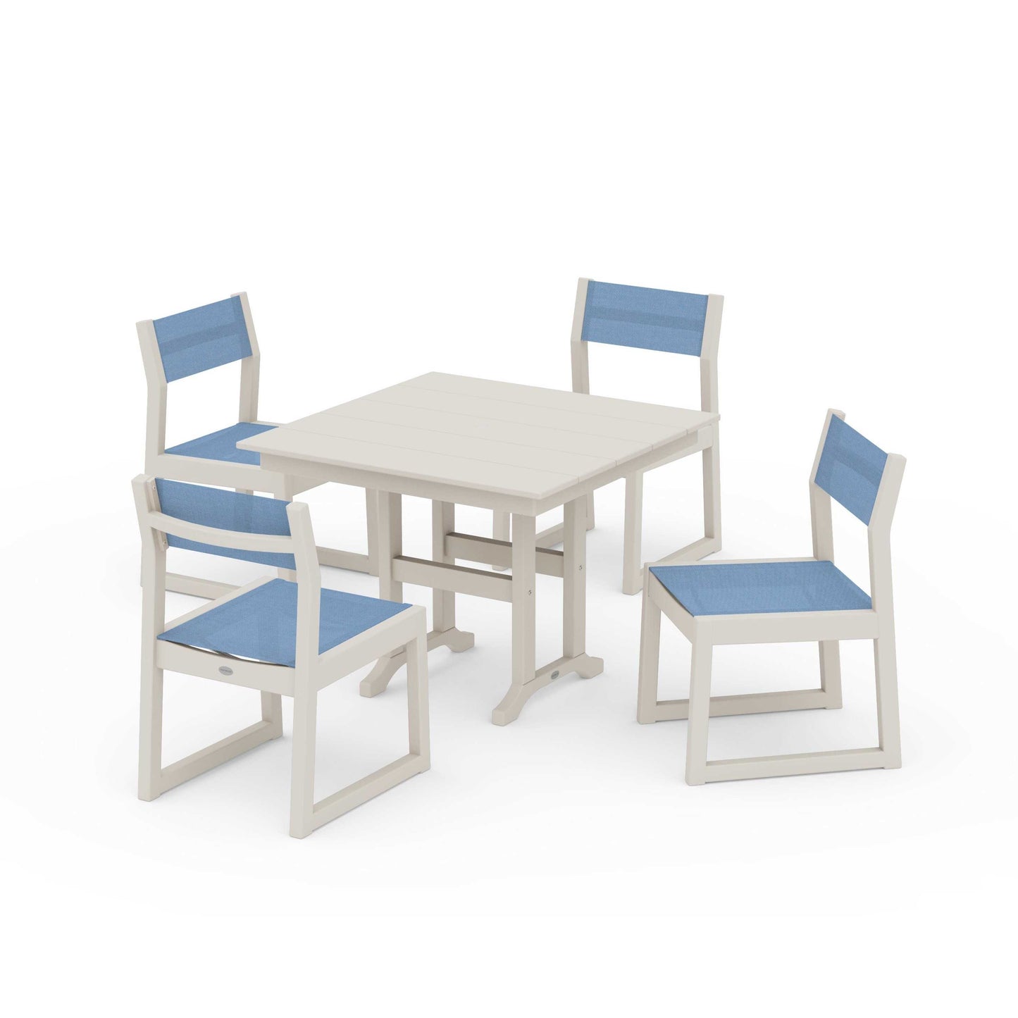 POLYWOOD EDGE Sling Side Chair 5-Piece Farmhouse Dining Set — Sand / Poolside Sling