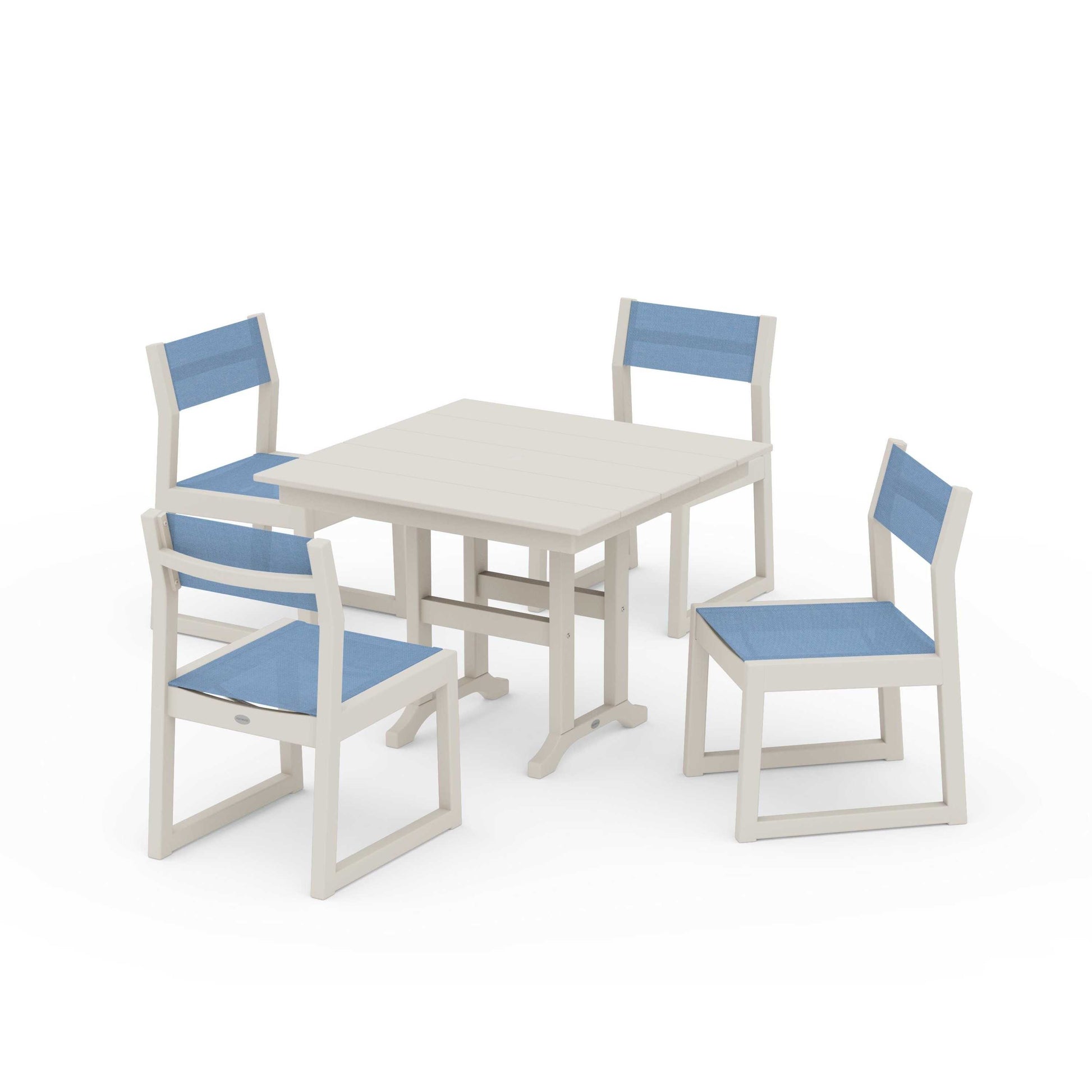 POLYWOOD EDGE Sling Side Chair 5-Piece Farmhouse Dining Set — Sand / Poolside Sling