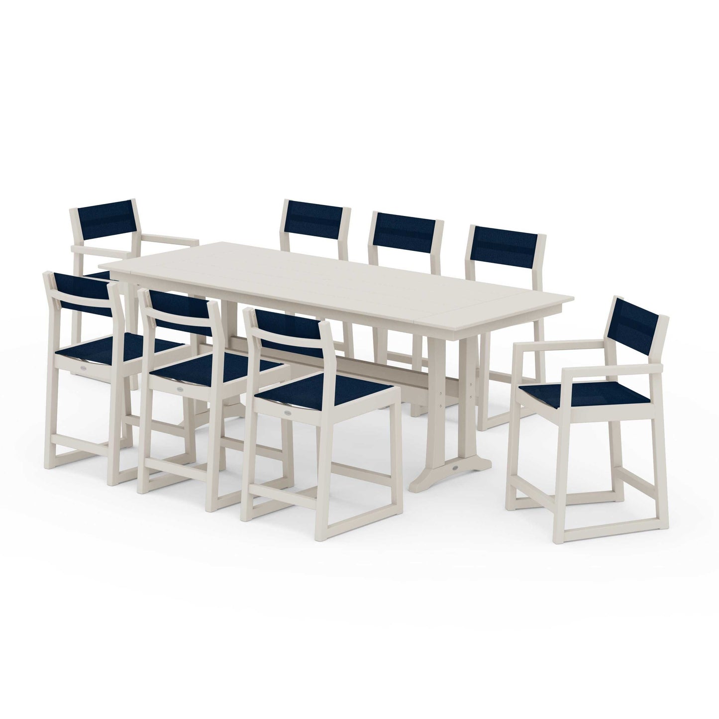 POLYWOOD EDGE Sling 9-Piece Farmhouse Counter Set with Trestle Legs — Sand / Navy Blue Sling
