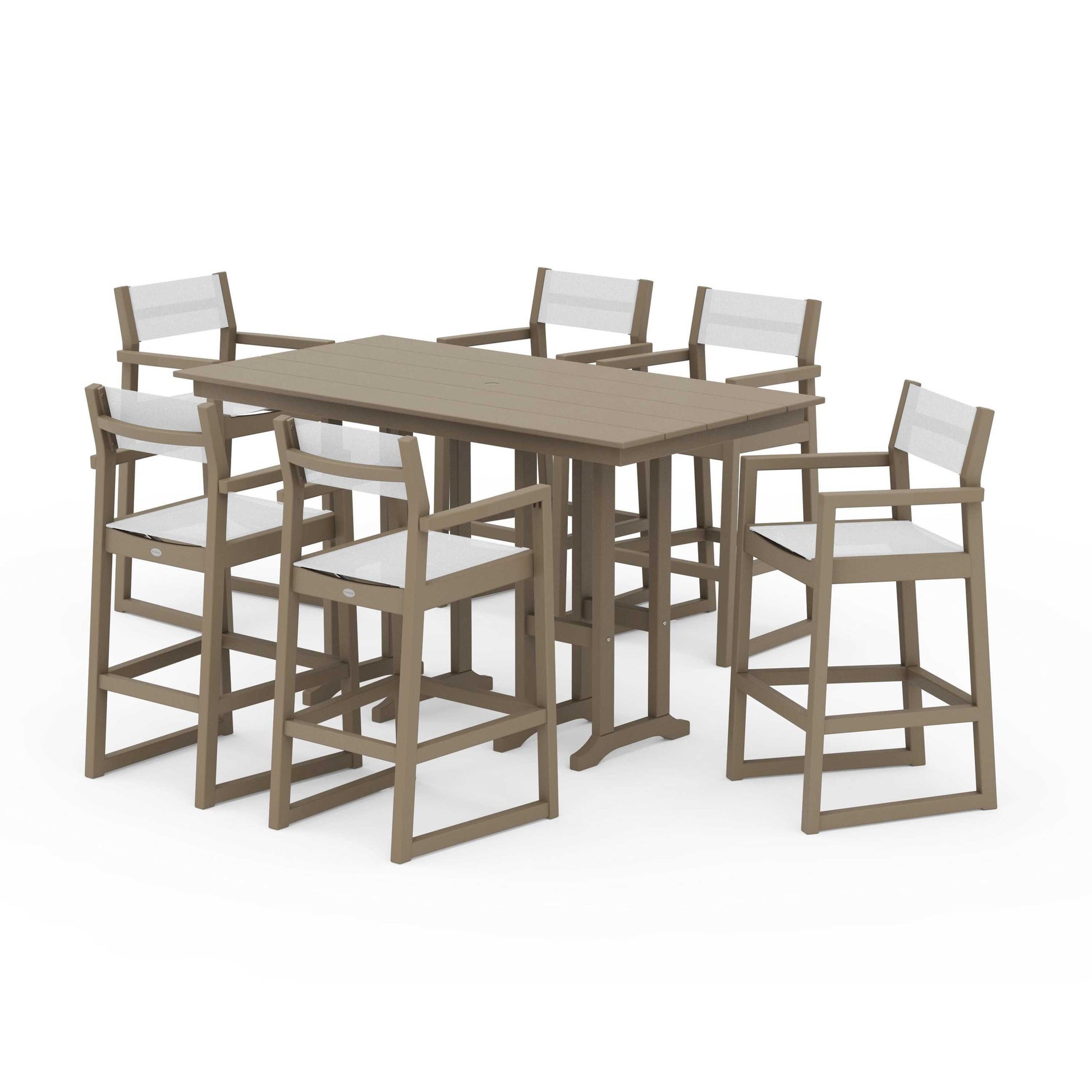 POLYWOOD EDGE Sling Arm Chair 7-Piece Farmhouse Bar Set — Vintage Sahara / White Sling