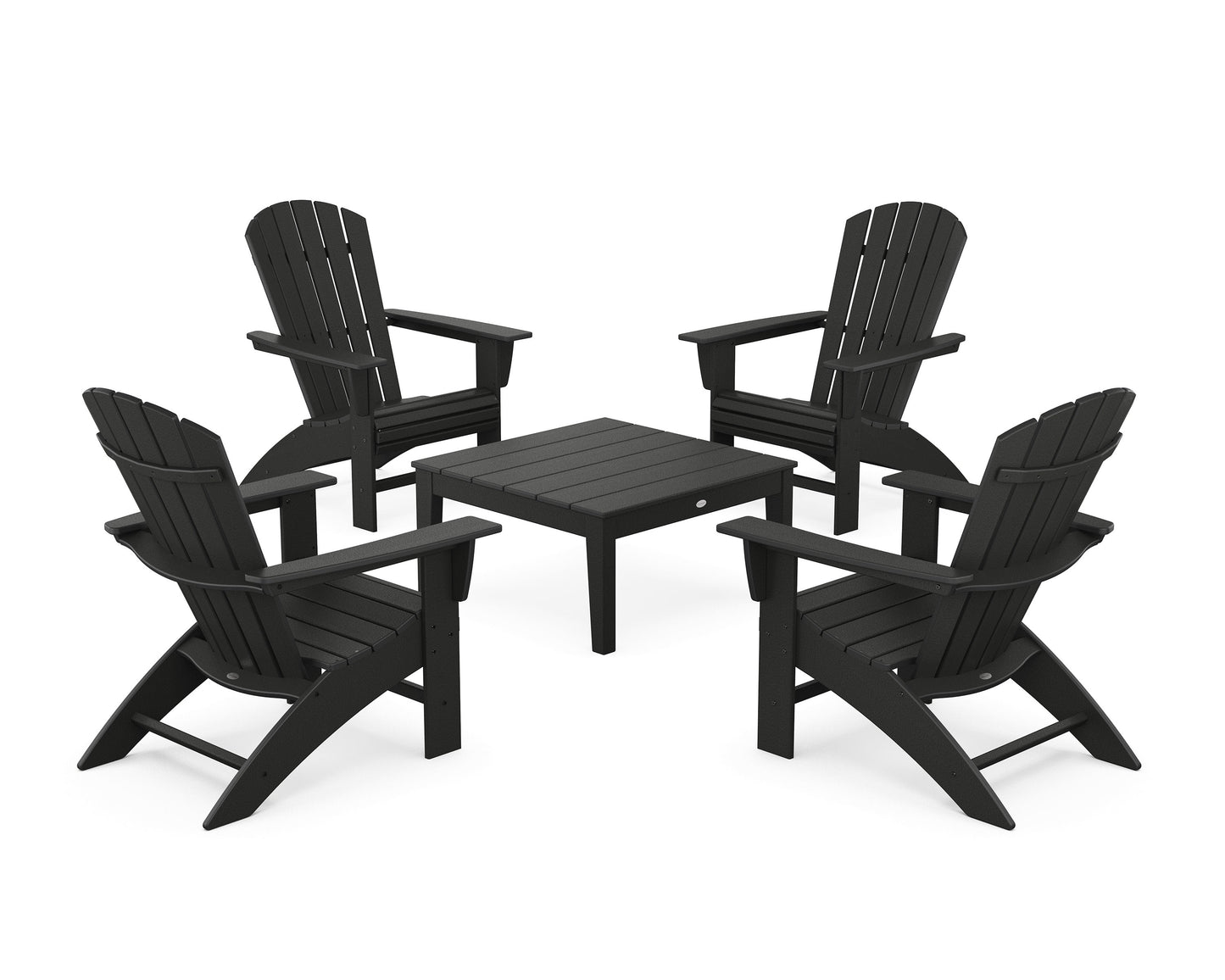 POLYWOOD 5-Piece Nautical Curveback Adirondack Chair Conversation Set with 36" Conversation Table — Black