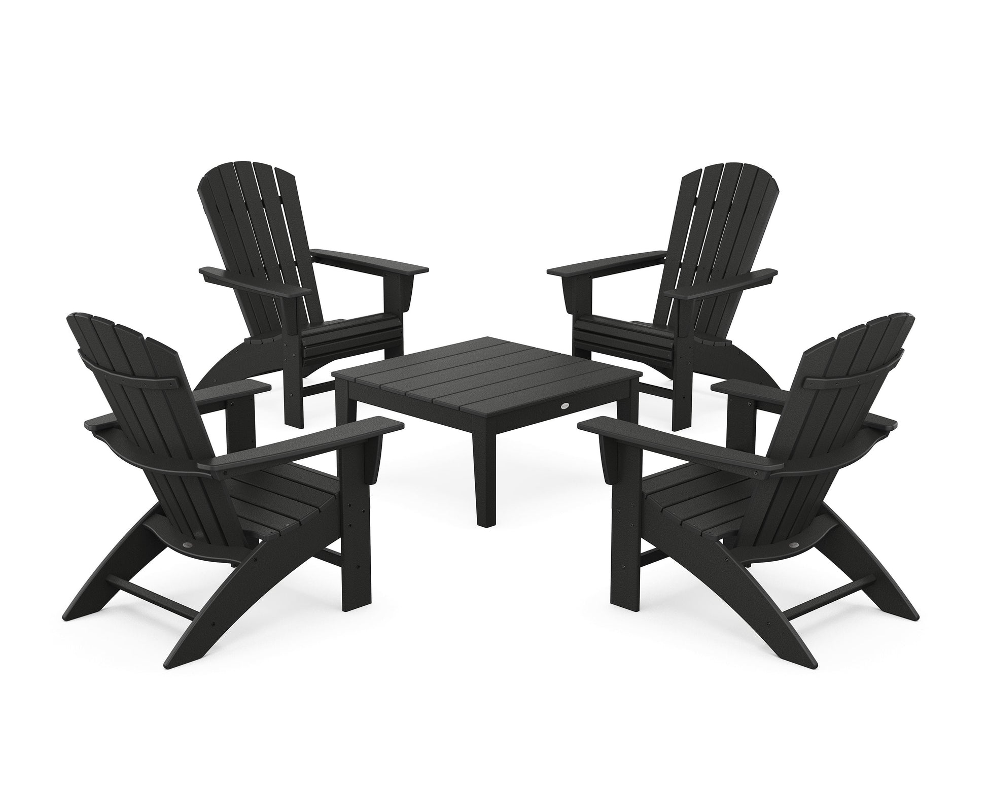POLYWOOD 5-Piece Nautical Curveback Adirondack Chair Conversation Set with 36" Conversation Table — Black