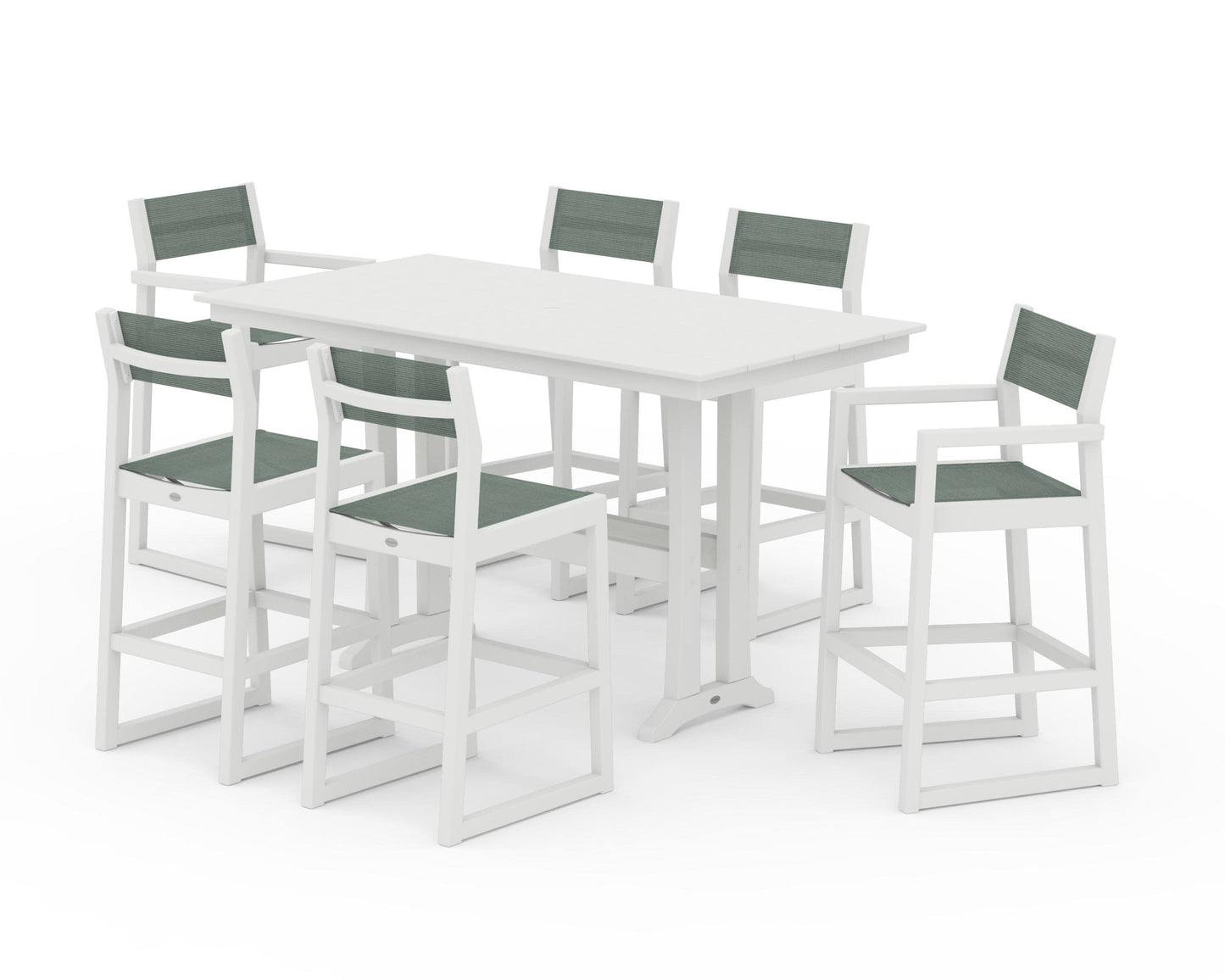 POLYWOOD EDGE Sling 7-Piece Farmhouse Bar Set with Trestle Legs — Vintage White / Dupioni Sea Mist Sling