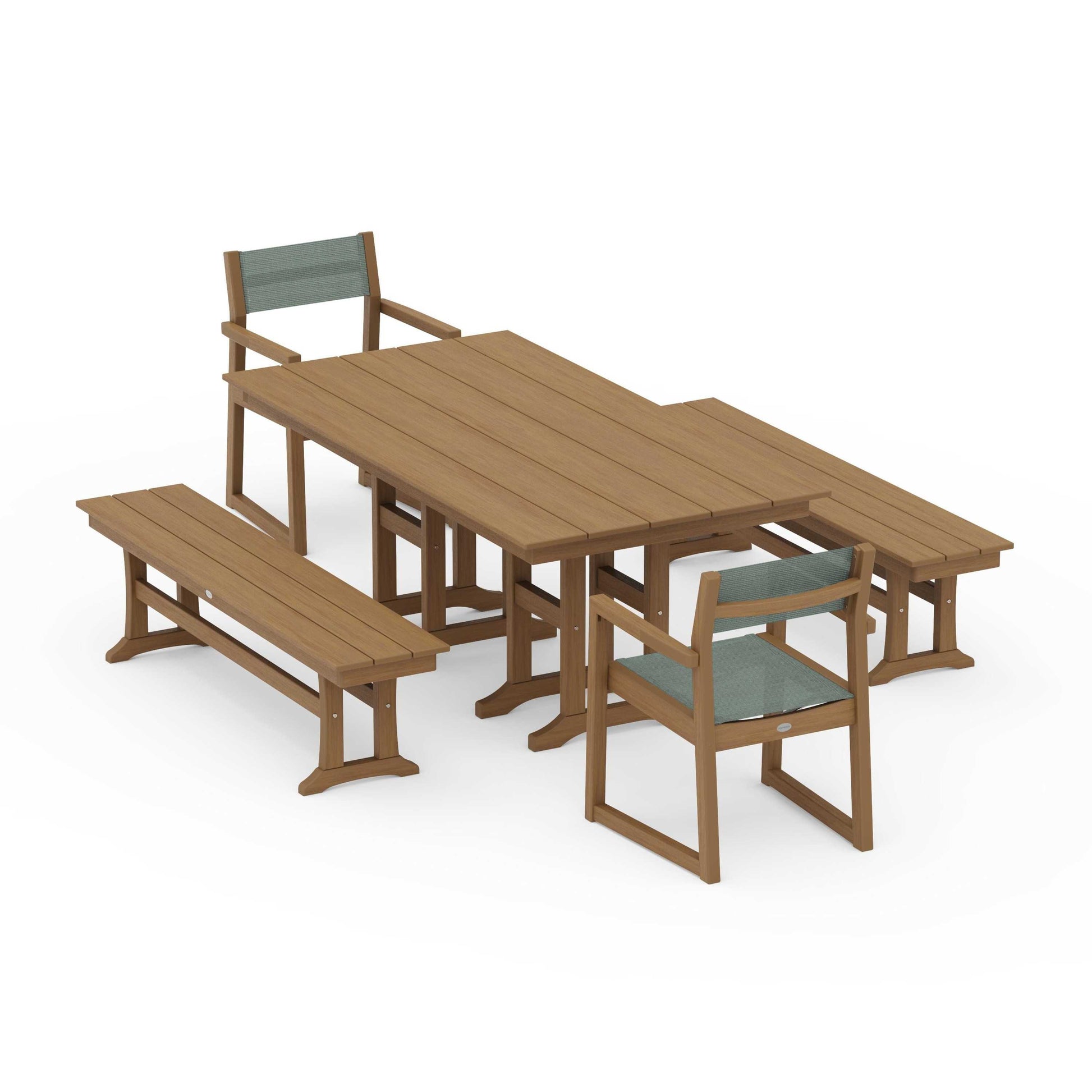 POLYWOOD EDGE Sling Arm Chair 5-Piece Farmhouse Dining Set with Benches — Natural / Dupioni Sea Mist Sling