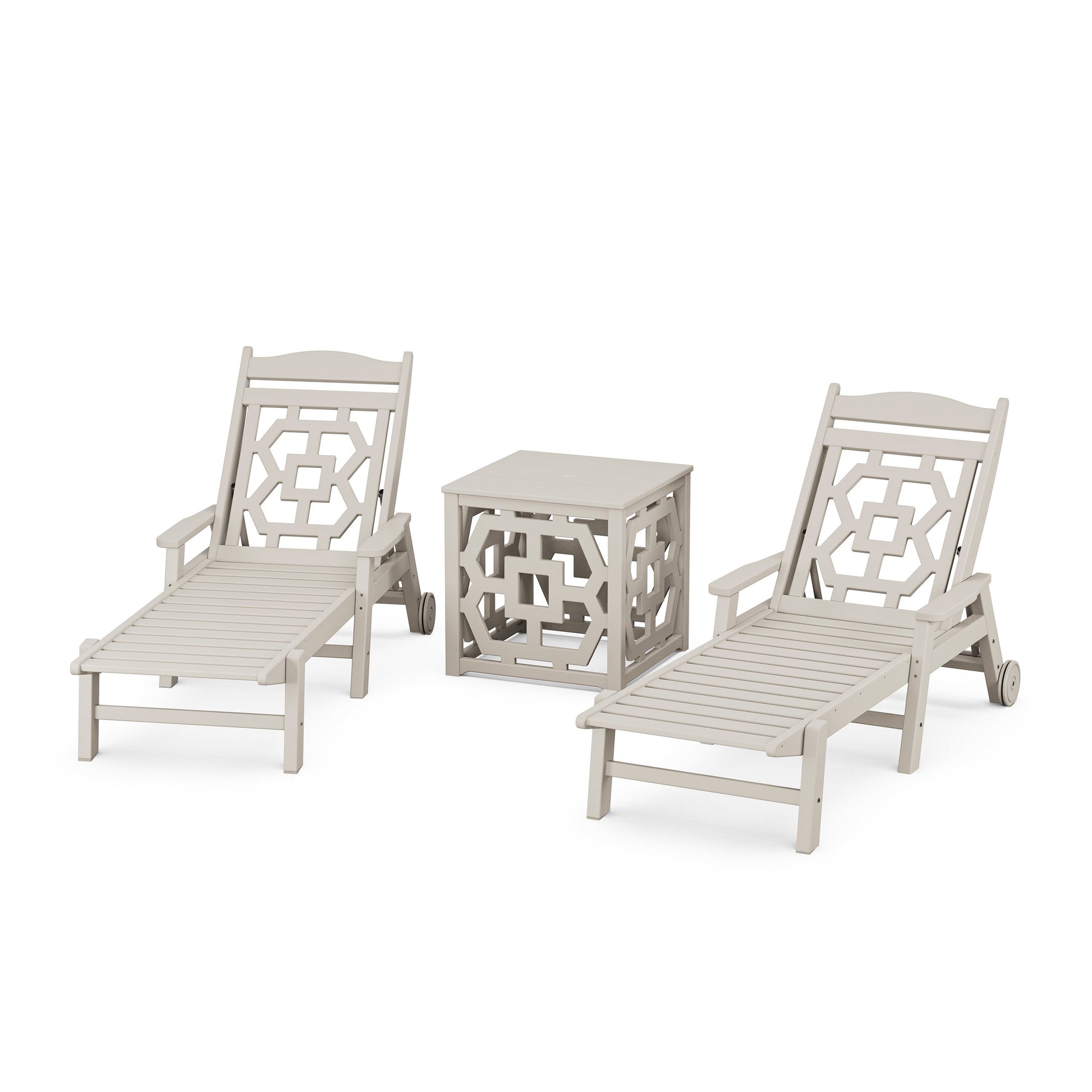 POLYWOOD Chinoiserie 3-Piece Chaise Set with Umbrella Stand Accent Table — Sand