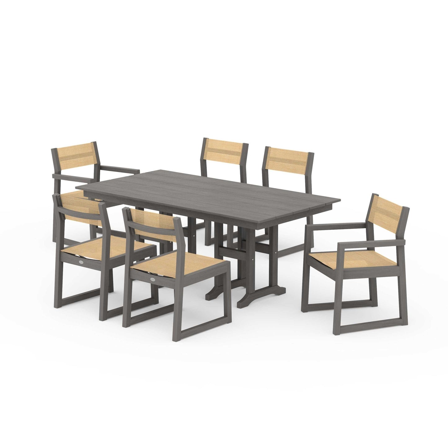 POLYWOOD EDGE Sling 7-Piece Farmhouse Dining Set — Driftwood / Dupioni Apricot Sling