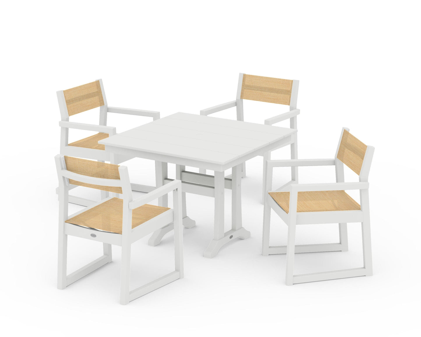 POLYWOOD EDGE Sling 5-Piece Farmhouse Dining Set with Trestle Legs — Vintage White / Dupioni Apricot Sling