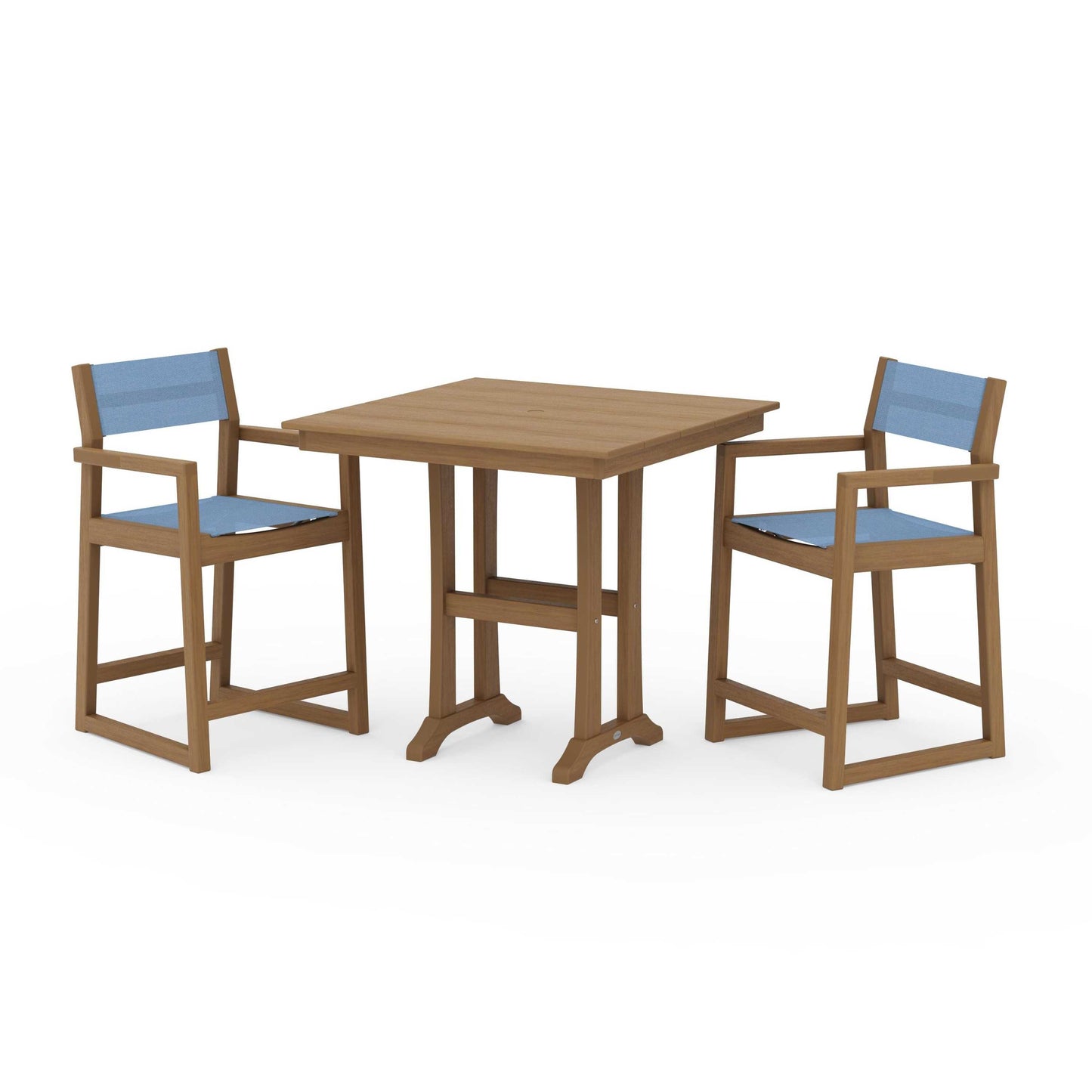 POLYWOOD EDGE Sling Arm Chair 3-Piece Farmhouse Counter Set with Trestle Legs — Natural / Poolside Sling